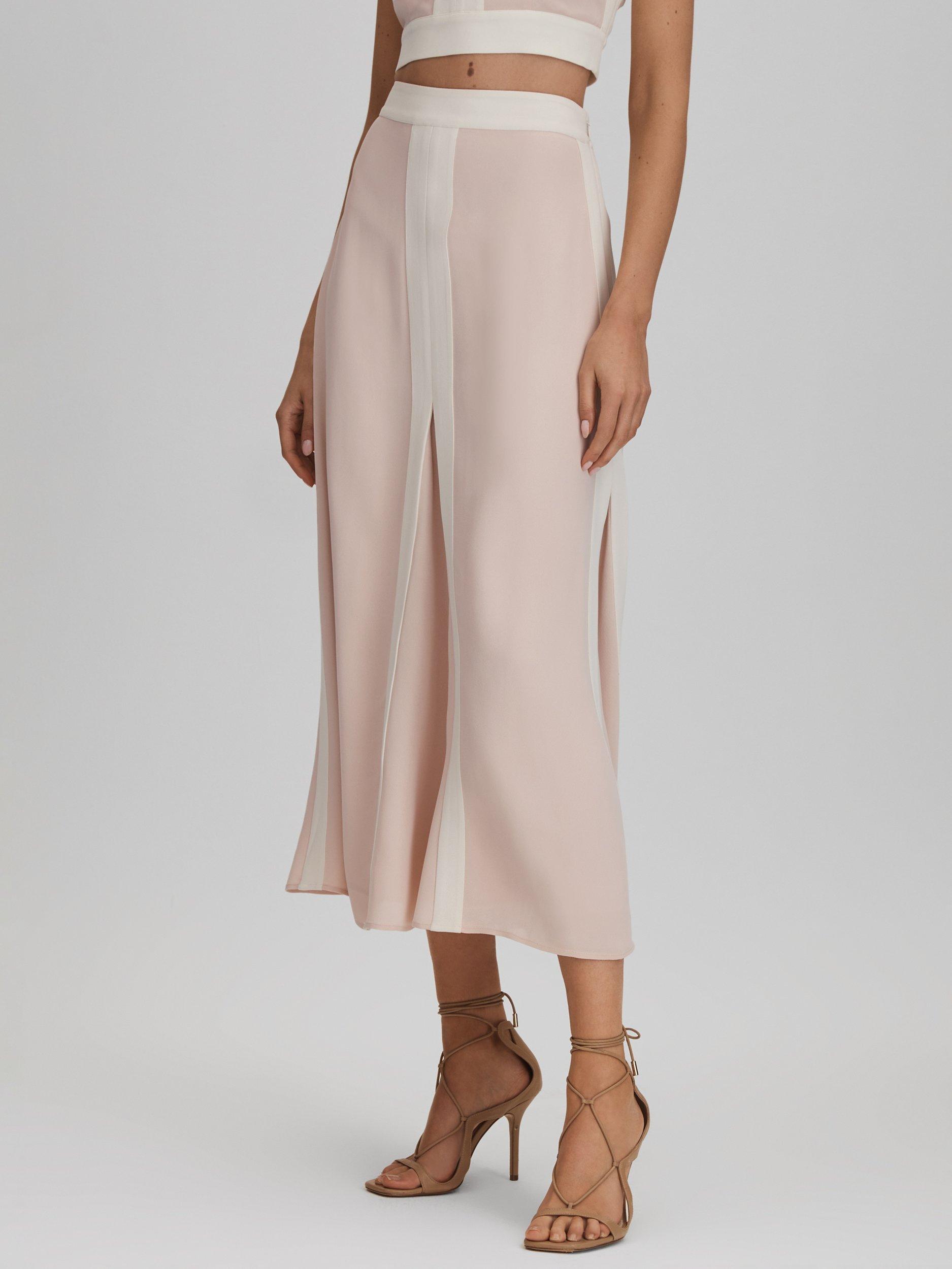 Reiss Rosalia Colour Block Midi Skirt, Nude/Ivory