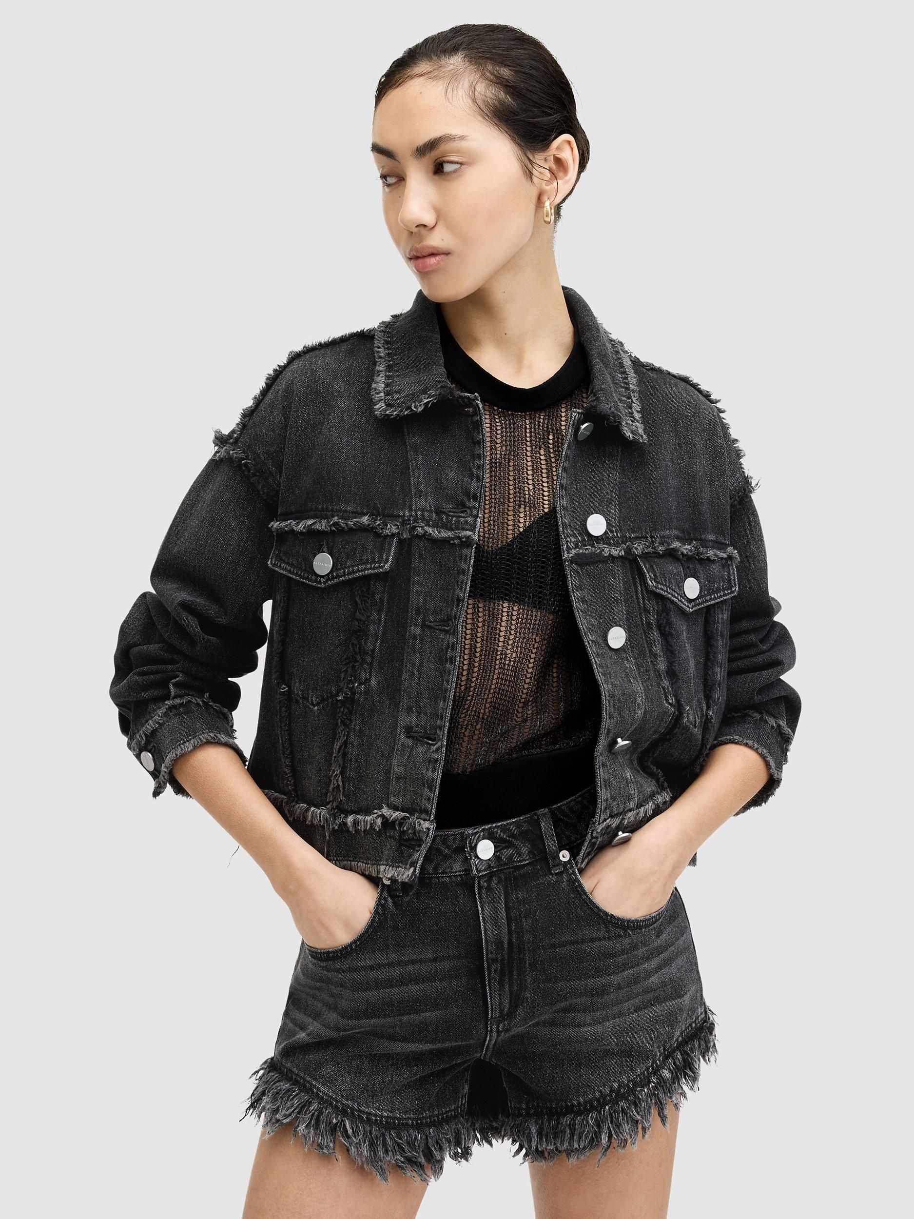 Frayed black denim jacket deals