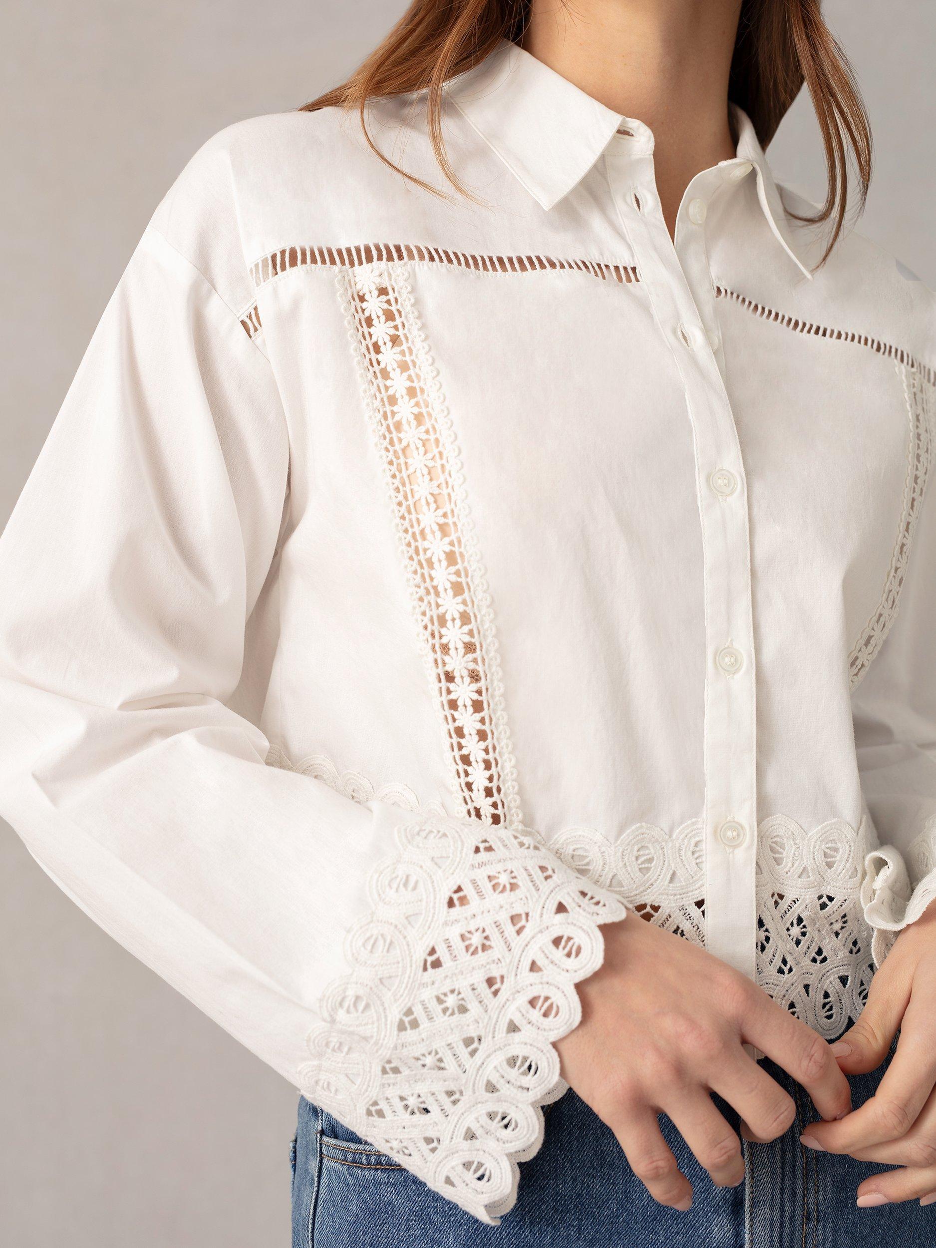 Johnny Was white discount lacey insert georgette crochet detail sheer top