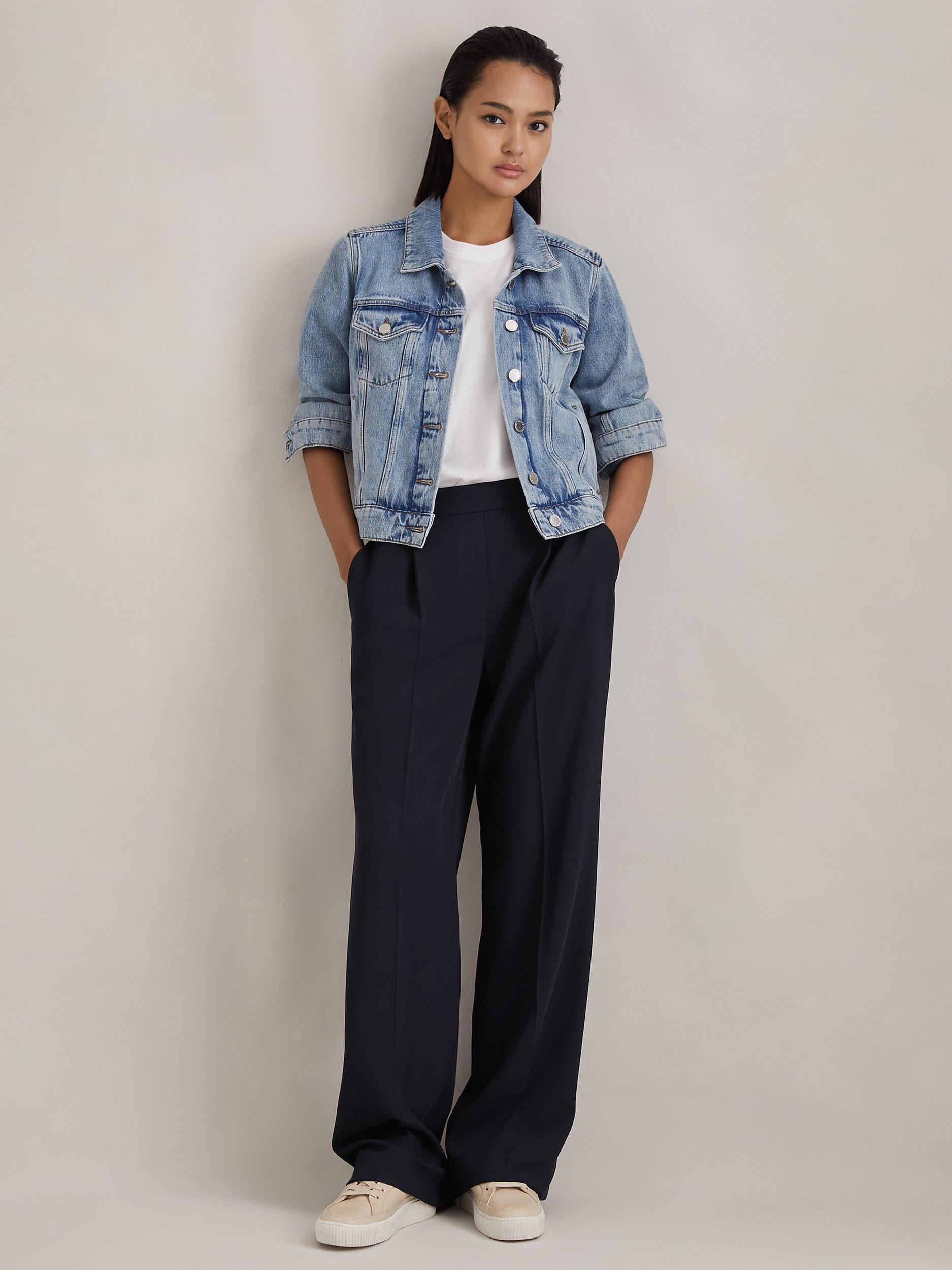 Product image 3 of 5, which shows Reiss Eden Wide Leg Trousers, Navy, 14R