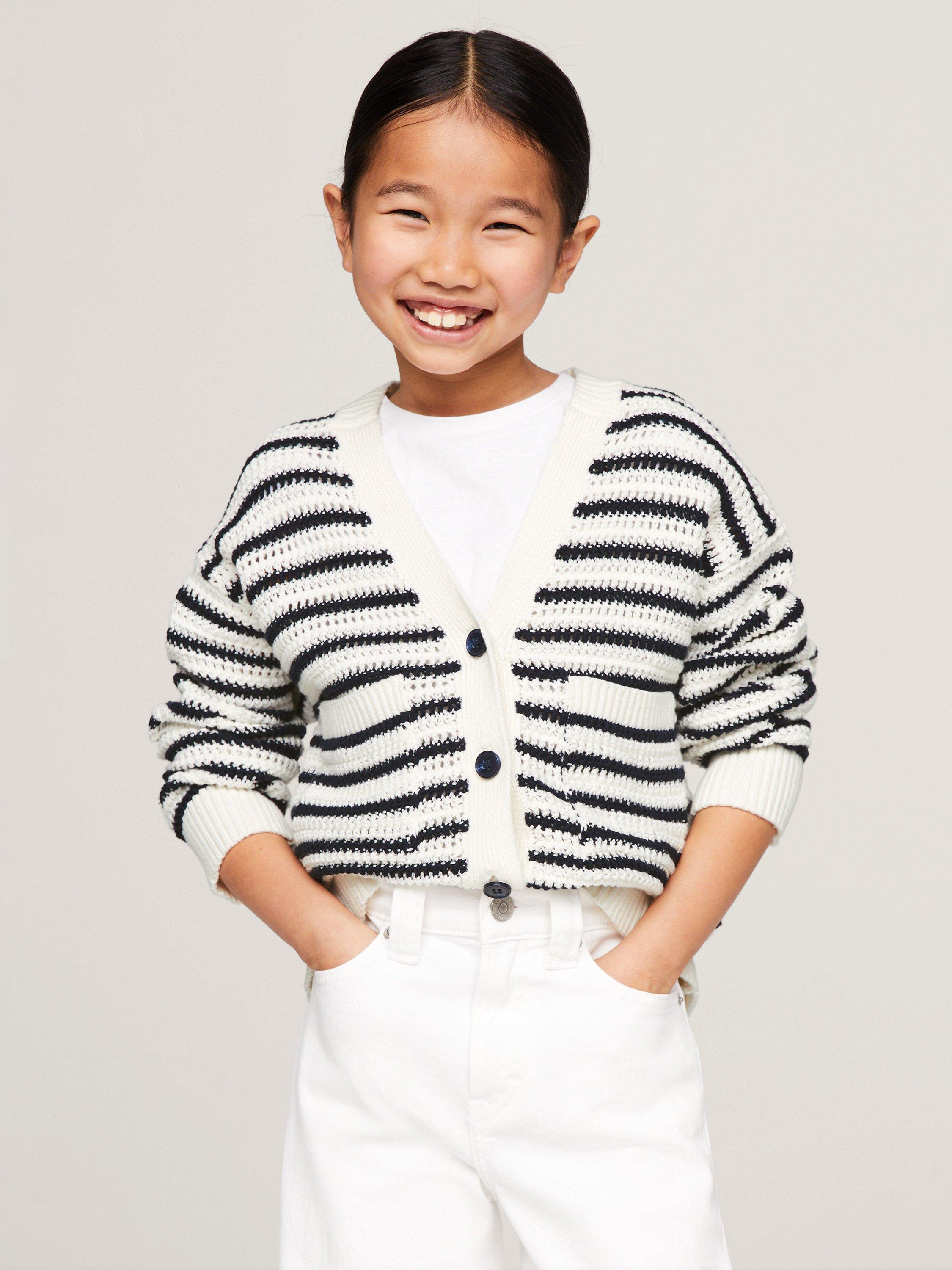 Tommy Hilfiger Kids' Stripe Crochet Cardigan, Calico/Black