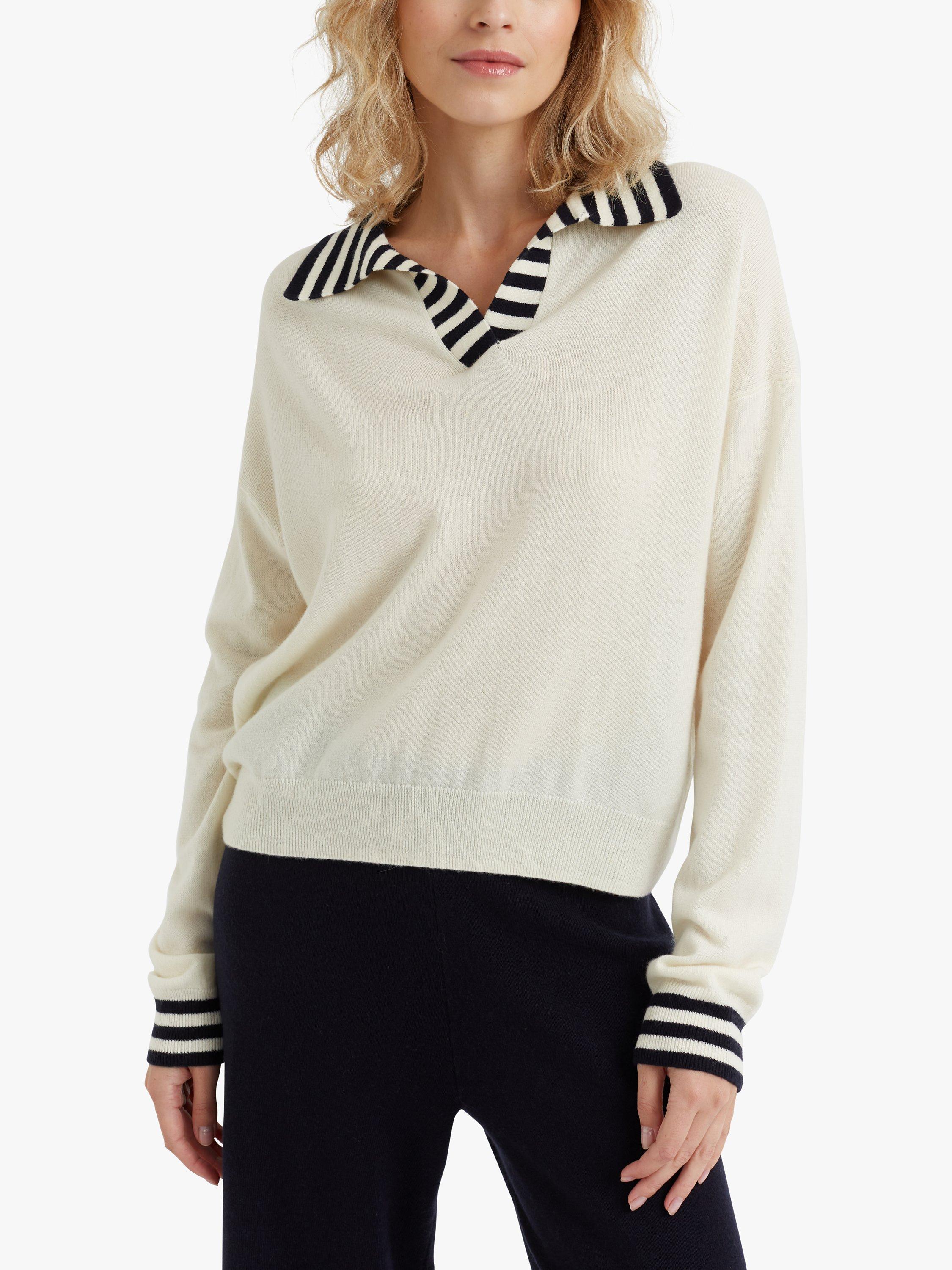 Chinti & Parker Cashmere Blend Striped Collar Jumper, Cream/Navy