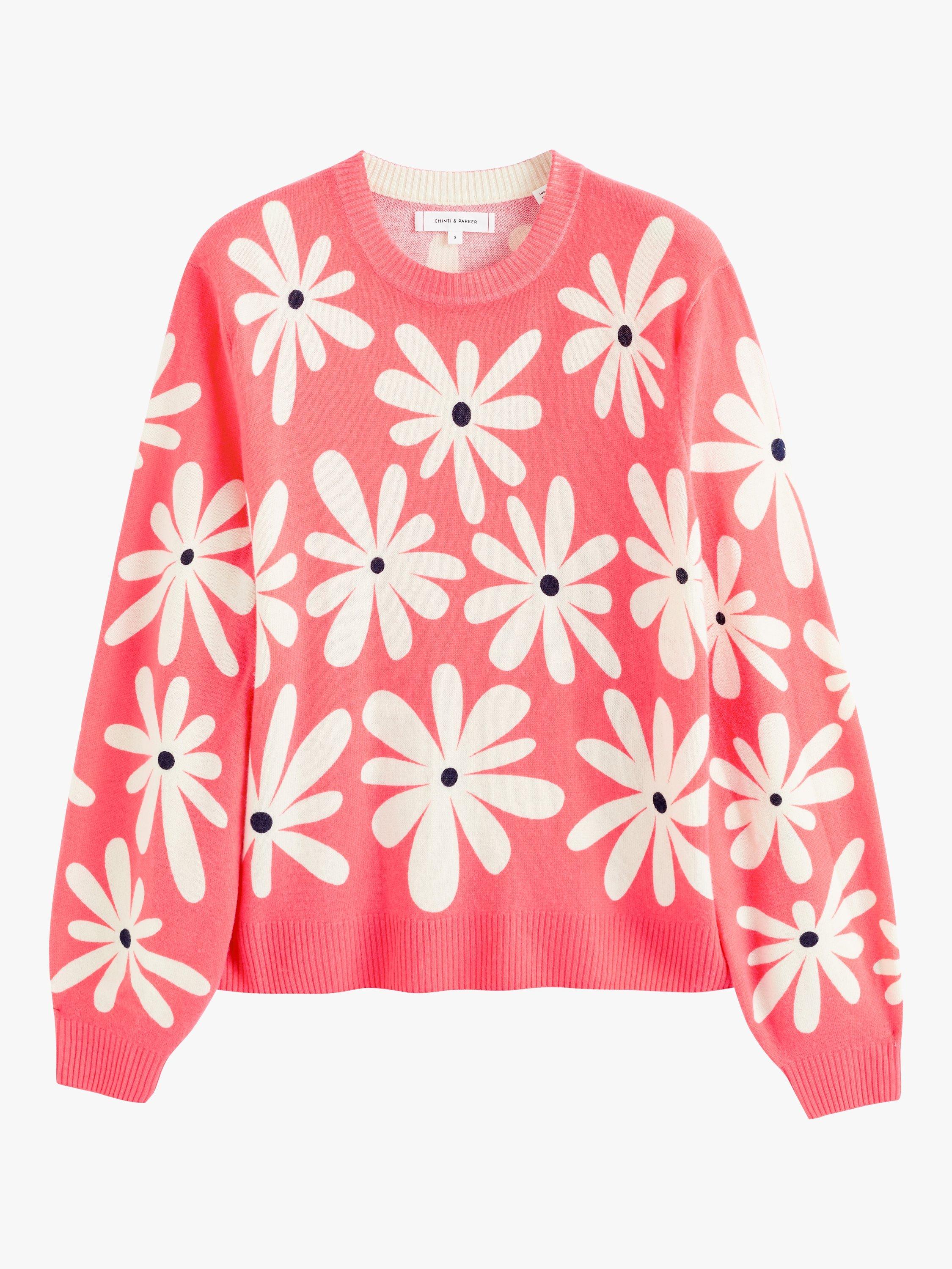 Product image 3 of 3, which shows Chinti & Parker Cashmere Blend Daisy Jumper, Coral/Multi, XS