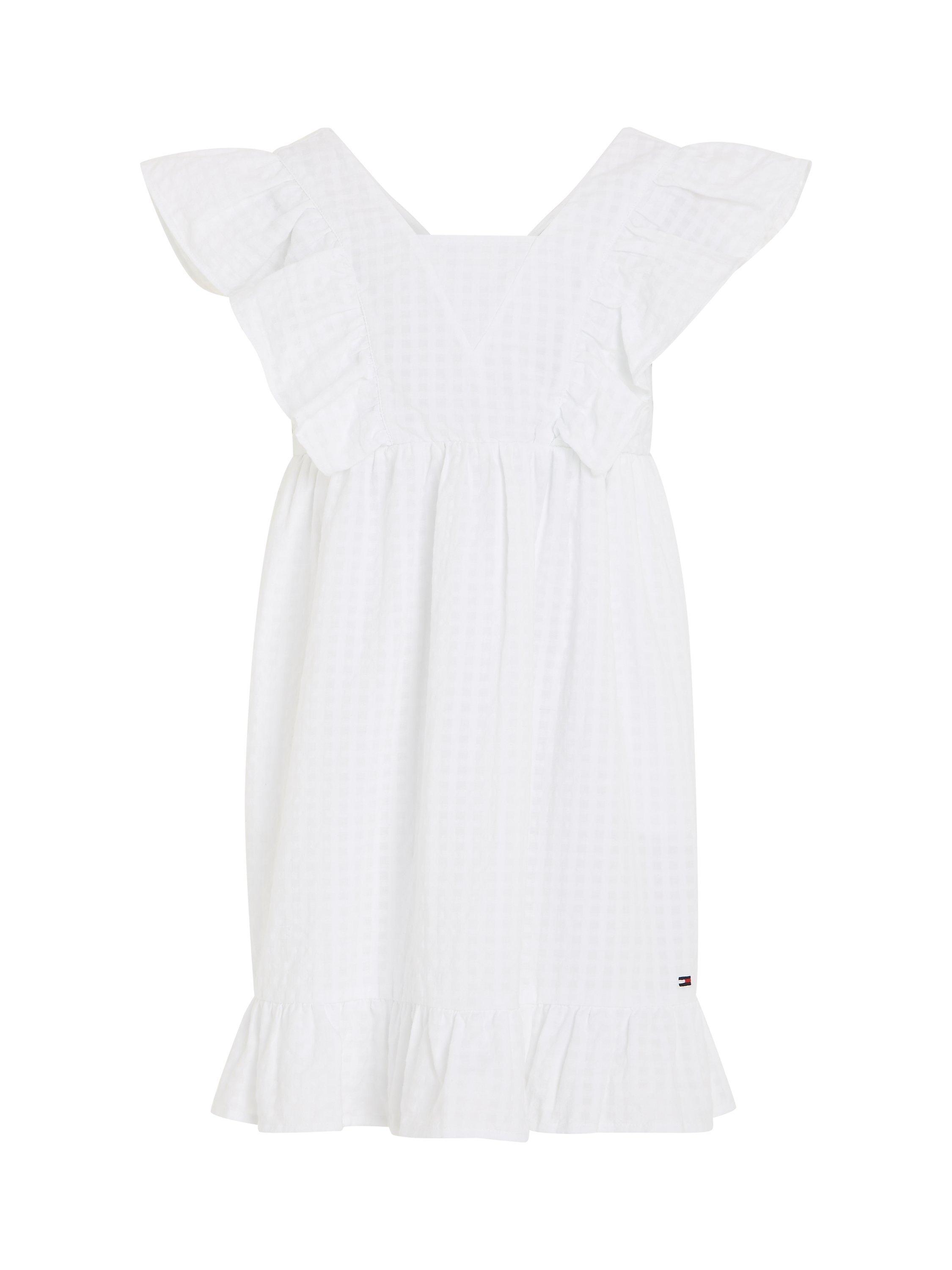 Product image 5 of 5, which shows Tommy Hilfiger Kids' Seersucker Gingham Texture Frill Detail Dress, White, 4 years