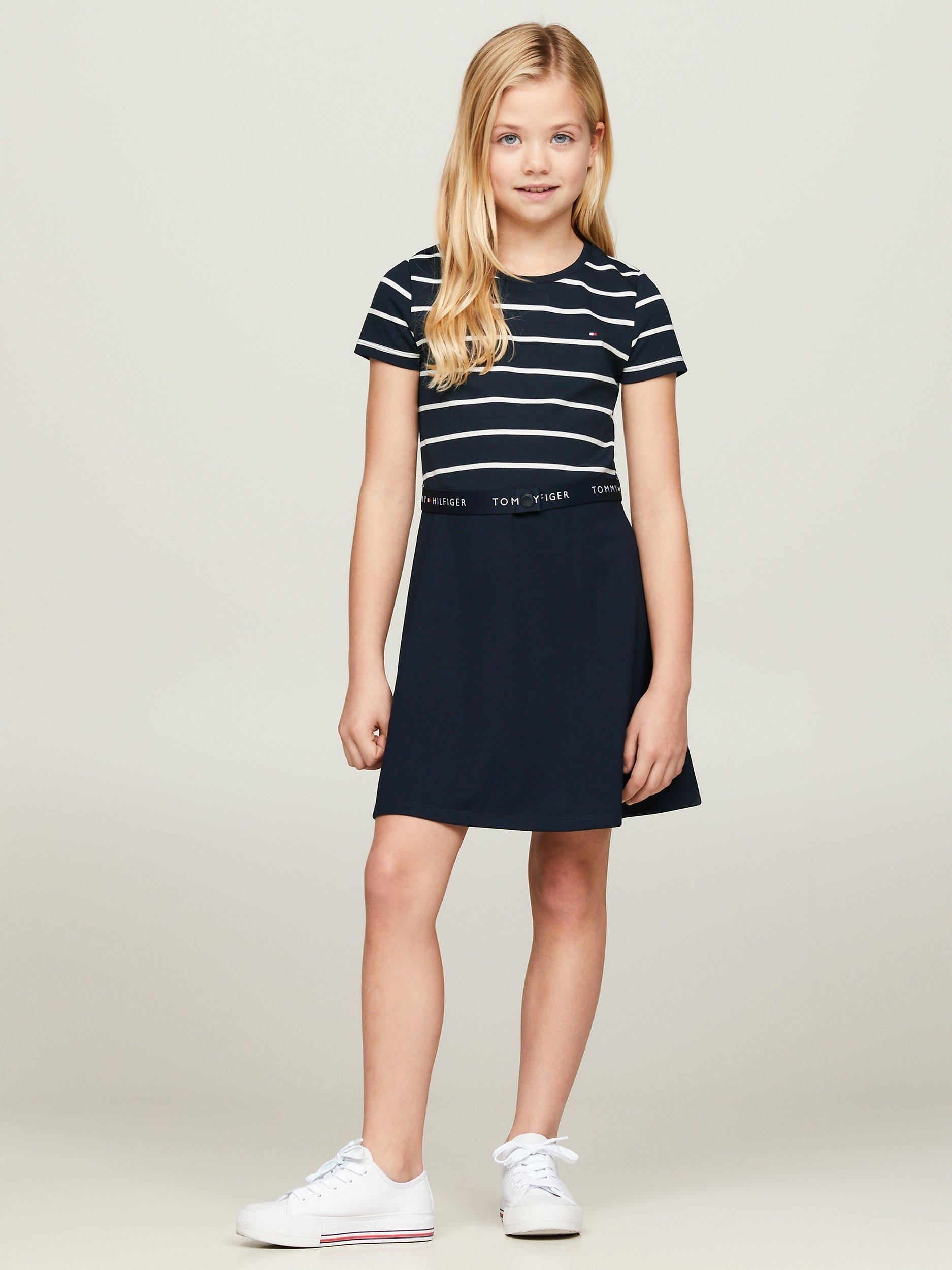 Tommy Hilfiger Kids Essential Flag Stripe Belted Skater Dress Desert Sky