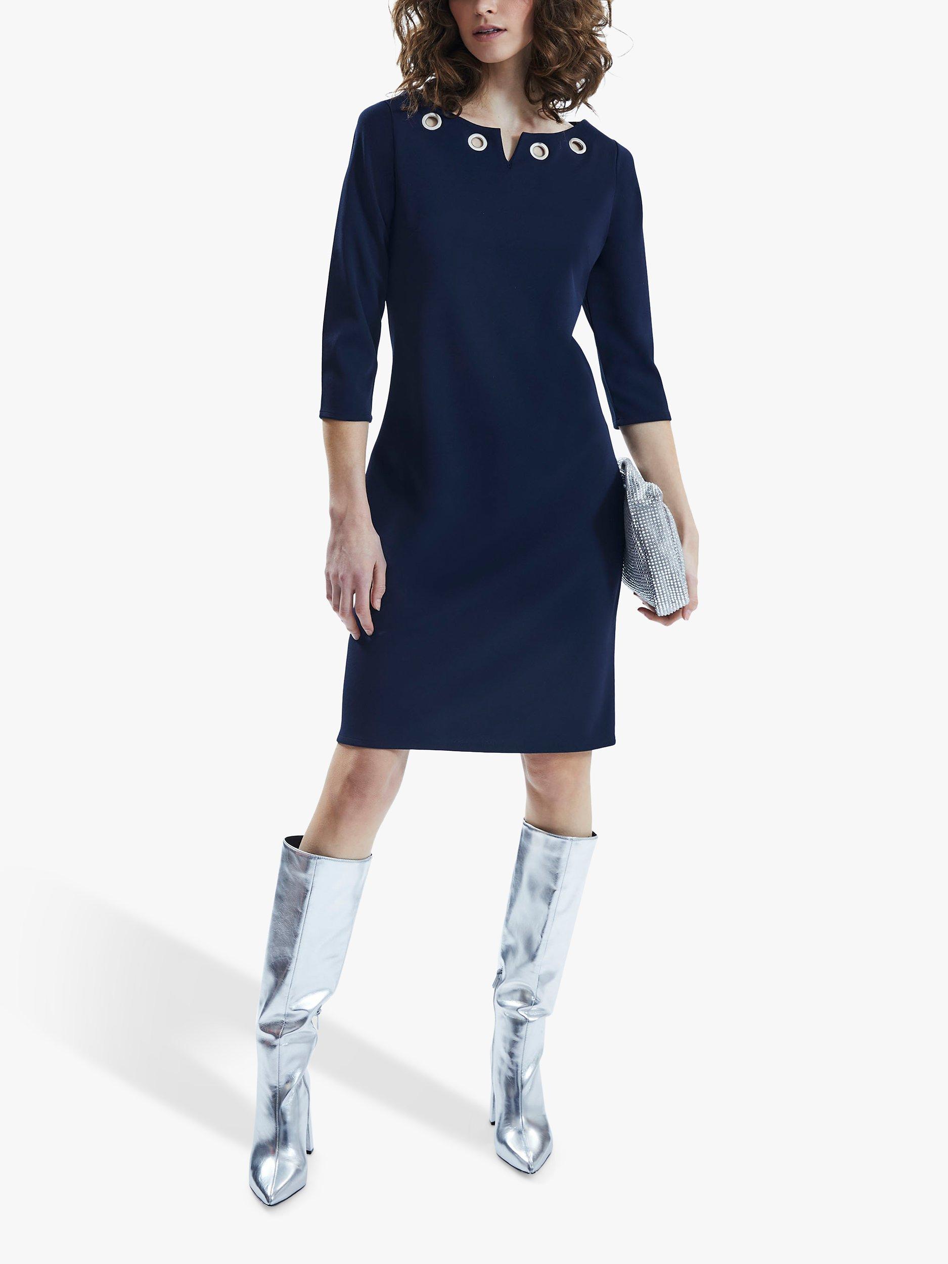 Product image 1 of 4, which shows James Lakeland Eyelet Neckline Shift Dress, Navy, 16
