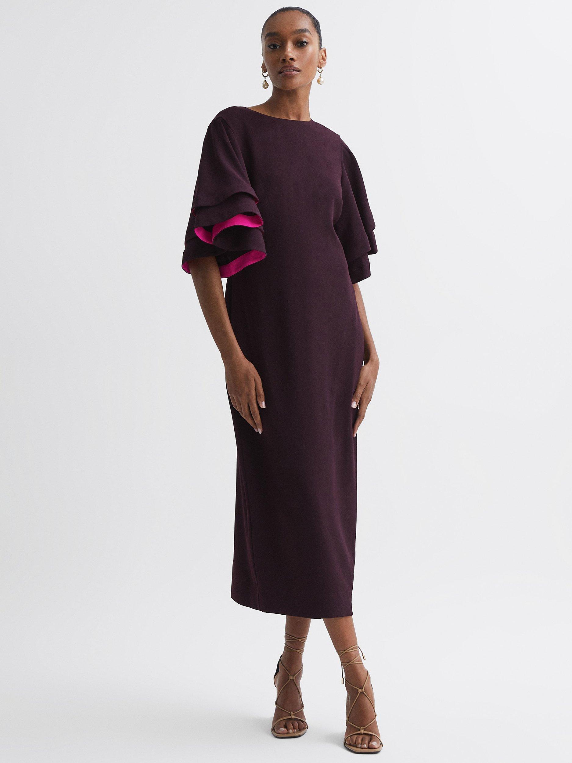 FLORERE Frill Trim V Back Midi Dress, Burgundy
