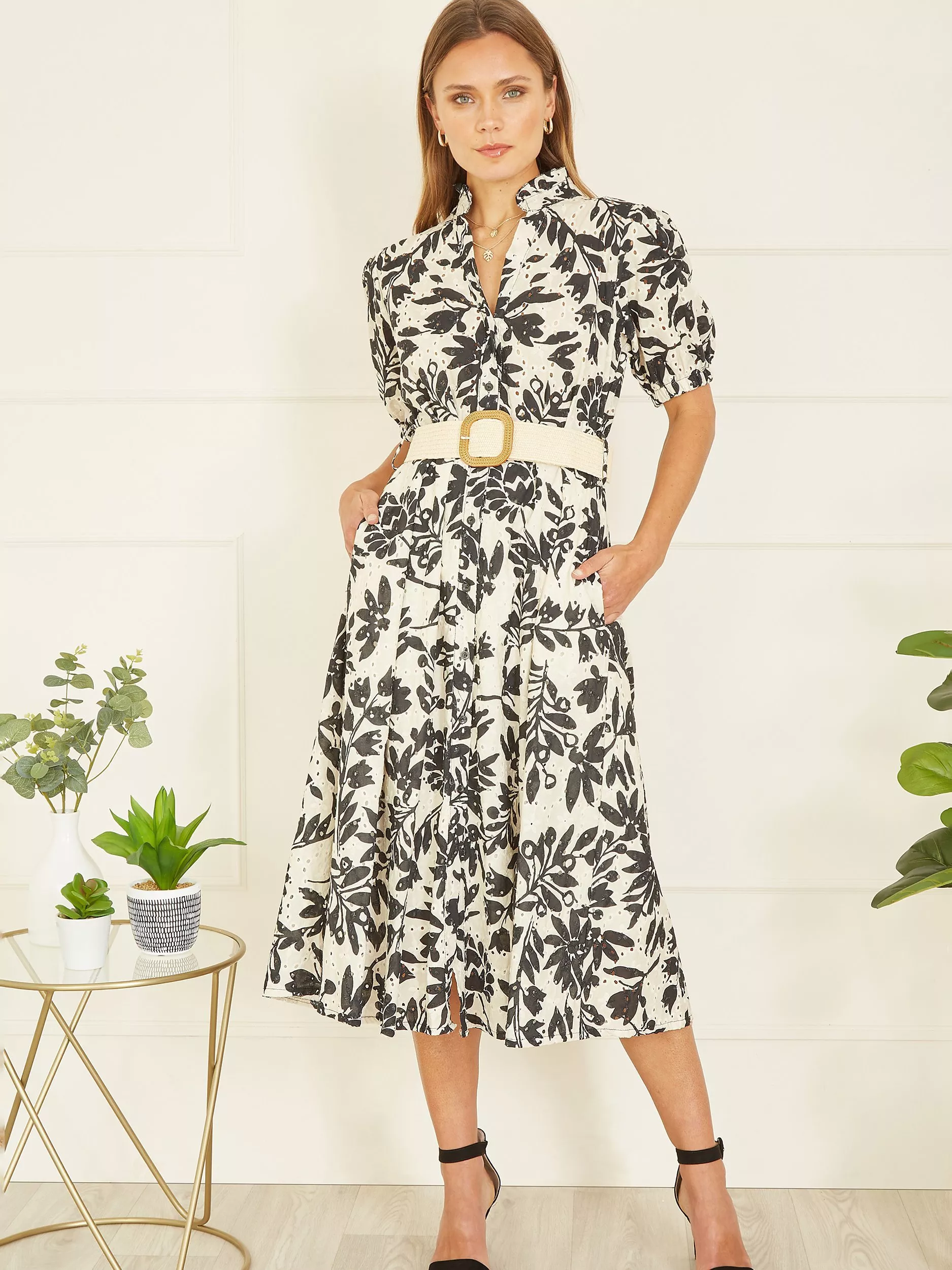 MNG purchases Collection Women's Black White Leaf Print Dress with Waist Belt