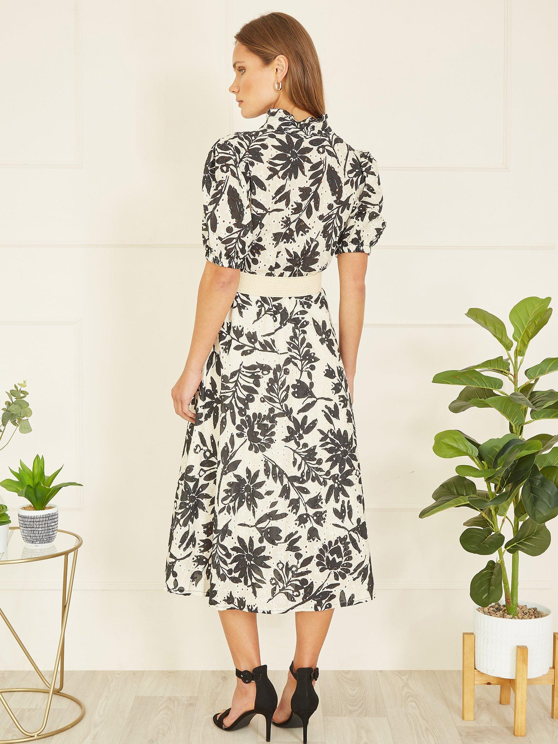 Product image 3 of 4, which shows Yumi Leaf Print Broderie Anglaise Midi Shirt Dress, Black/White, S