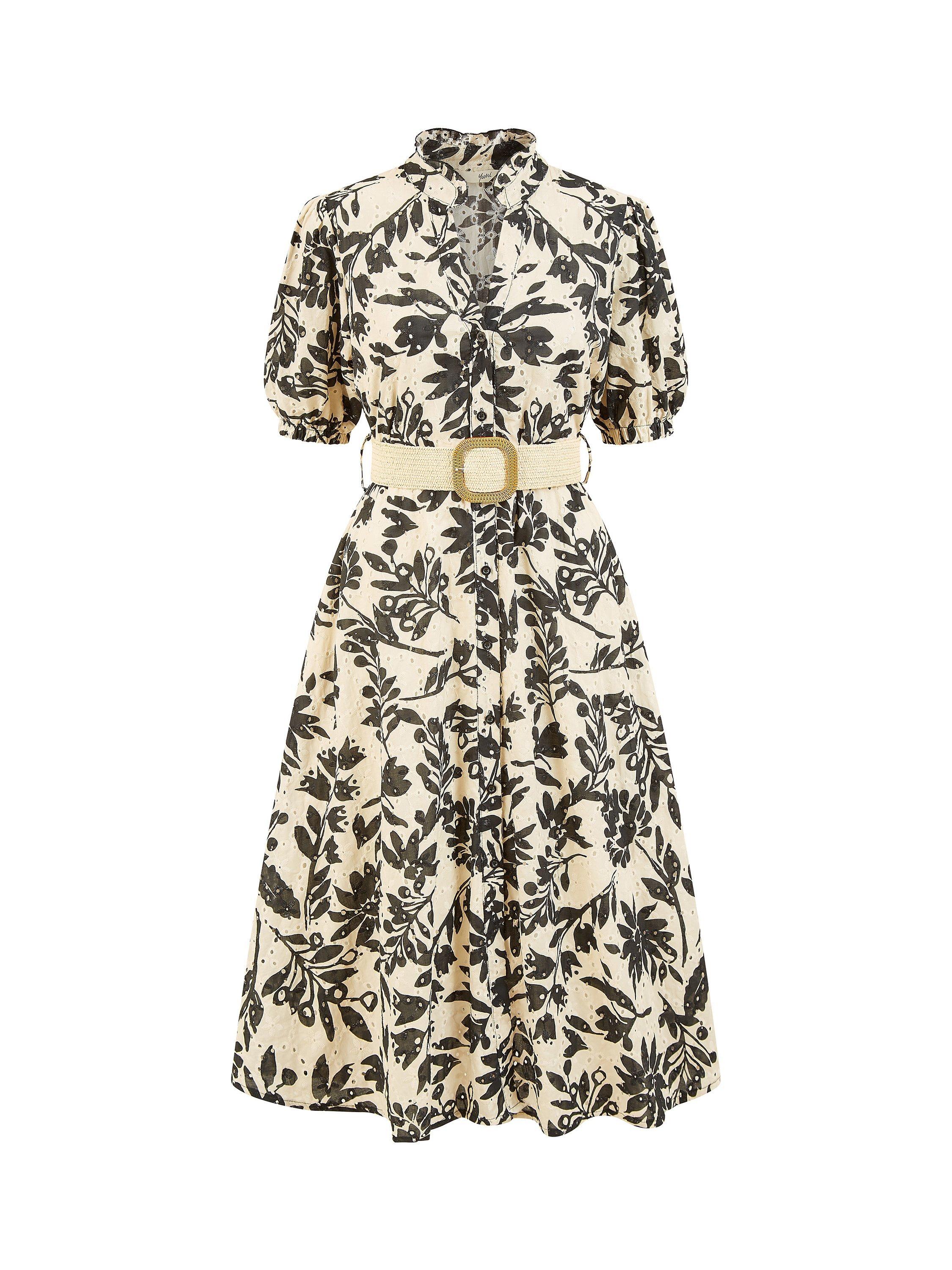 Product image 4 of 4, which shows Yumi Leaf Print Broderie Anglaise Midi Shirt Dress, Black/White, S