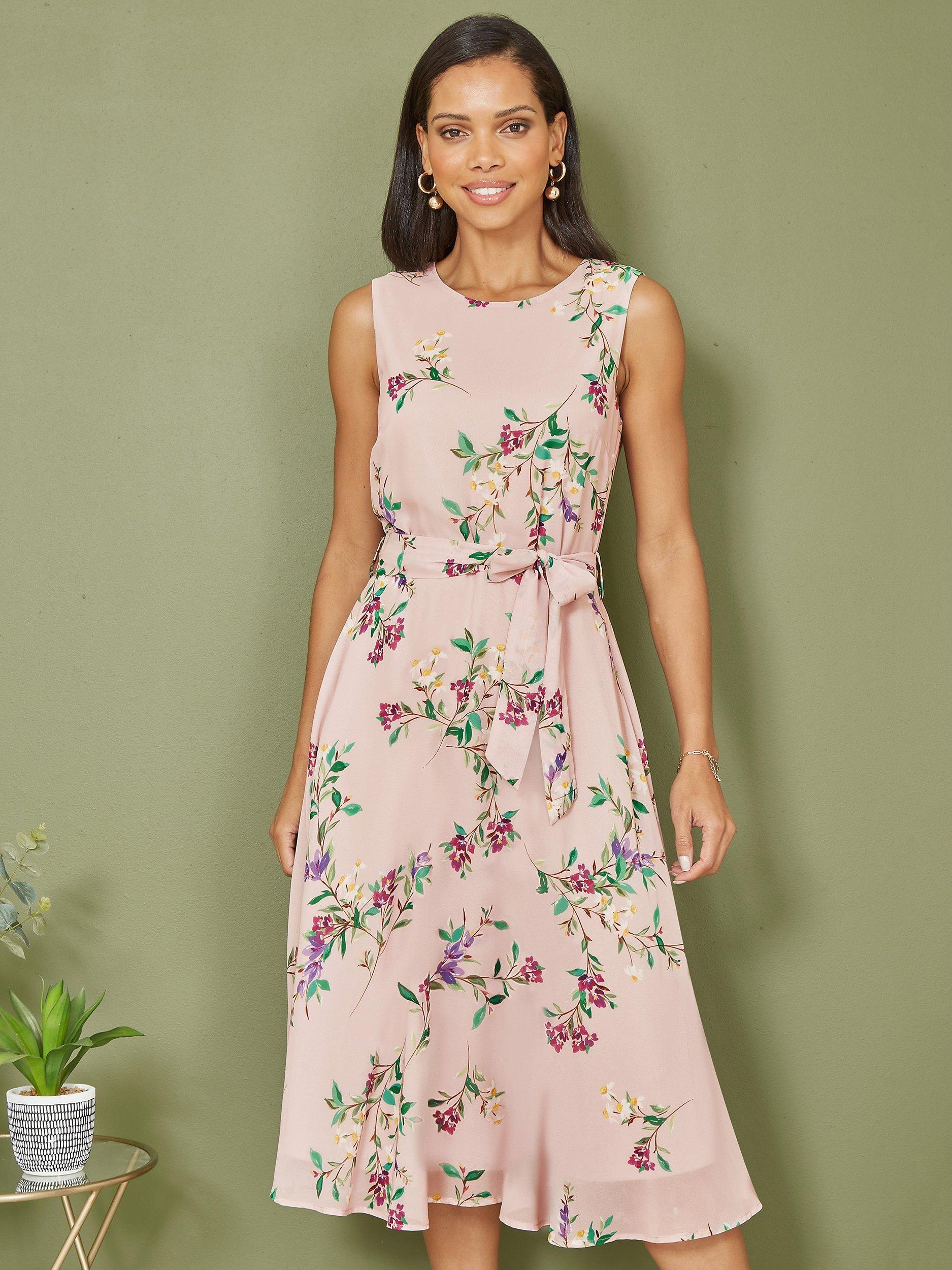 Product image 1 of 4, which shows Yumi Floral Print Midi Skater Dress, Blush/Multi, 8