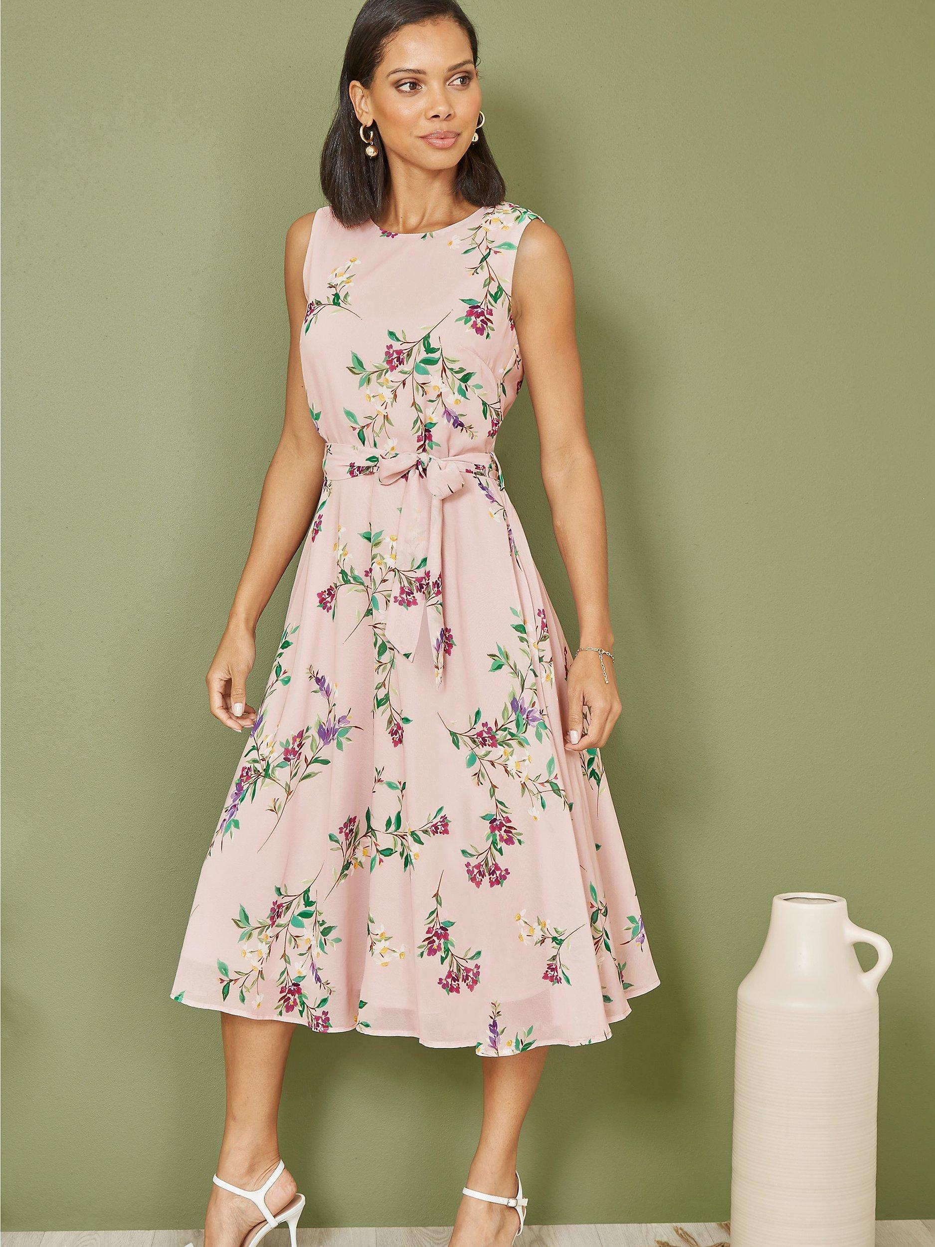 Product image 2 of 4, which shows Yumi Floral Print Midi Skater Dress, Blush/Multi, 8