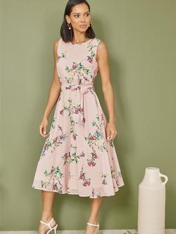 Yumi Floral Print Midi Skater Dress, Blush/Multi - view 2, Blush/Multi