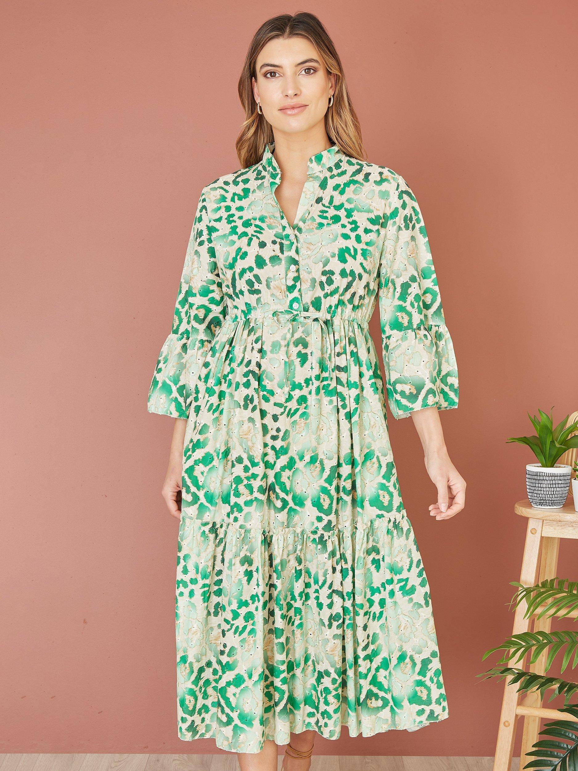 Yumi Animal Print Broderie Anglaise Midi Shirt Dress Green