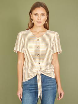 Yumi Stripe Jersey Tie Hem T-Shirt, Brown/White