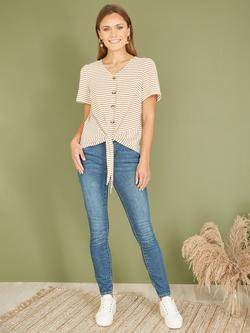 Yumi Stripe Jersey Tie Hem T-Shirt - view 2, Brown/White