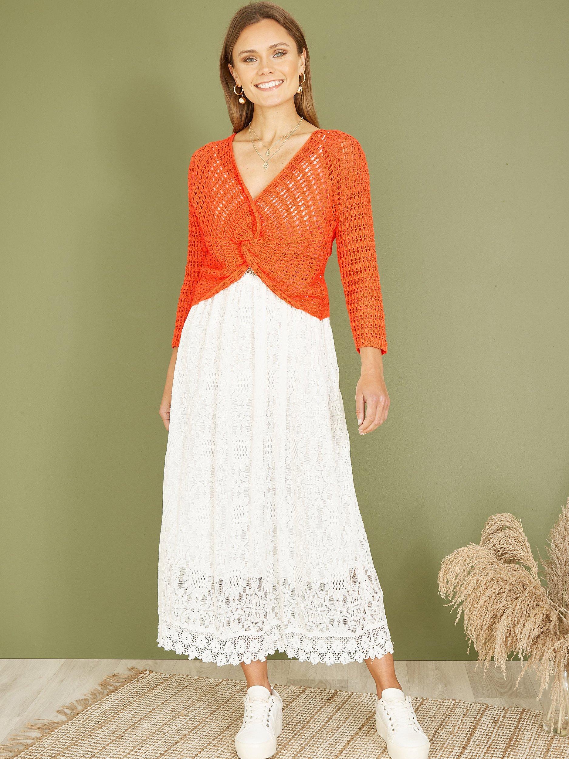 Product image 3 of 5, which shows Yumi Crochet Twist Bolero Top, Orange, S