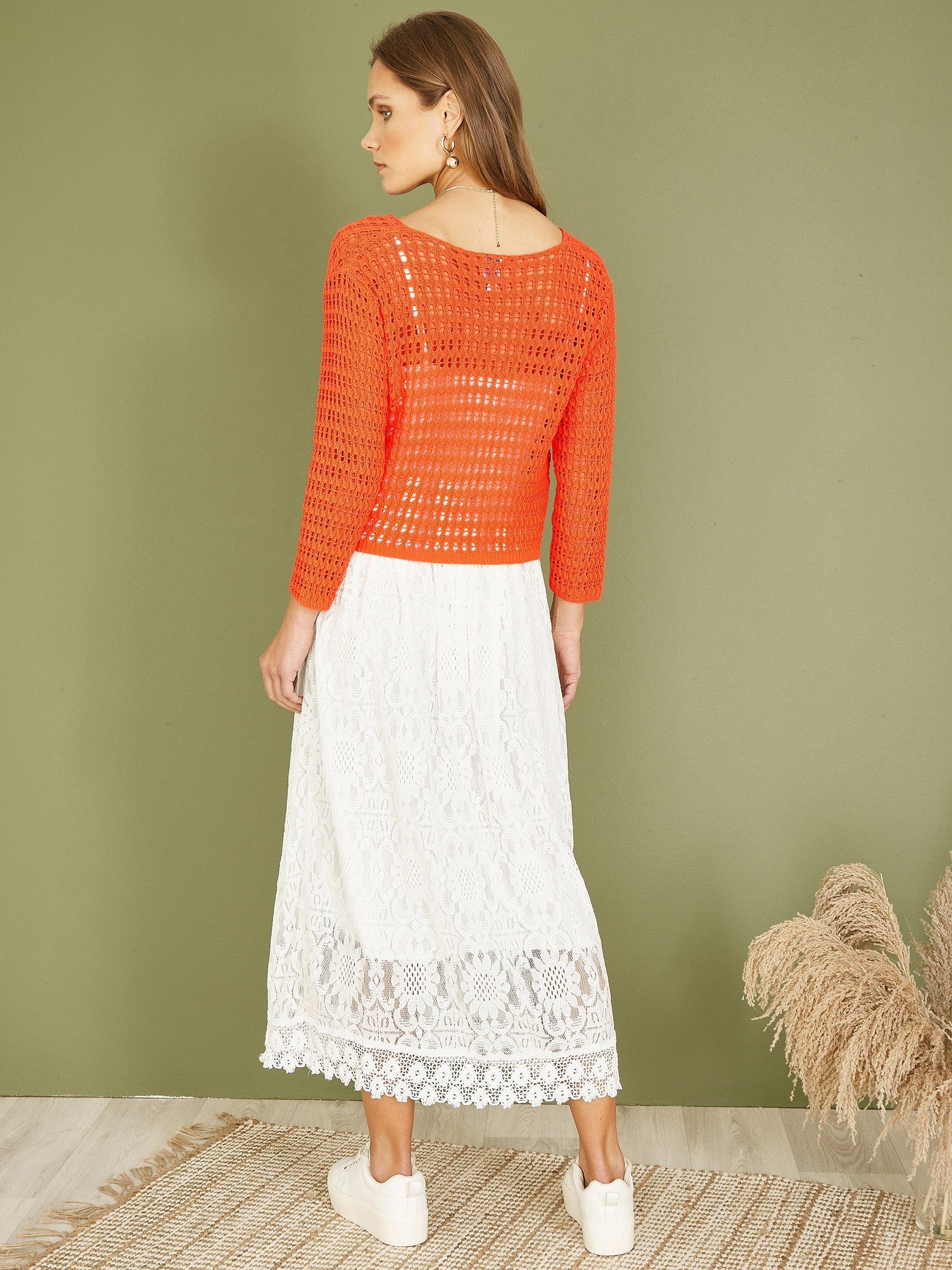 Product image 4 of 5, which shows Yumi Crochet Twist Bolero Top, Orange, S