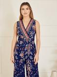 Yumi Paisley Border Print Wrap Jumpsuit, Navy