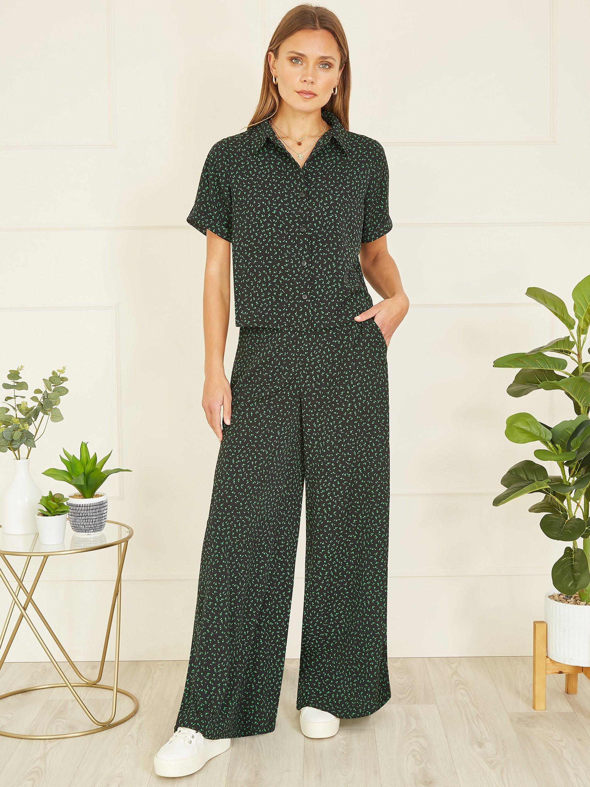 Product image 2 of 5, which shows Yumi Ditsy Print Relaxed Fit Shirt, Black/Green, 10