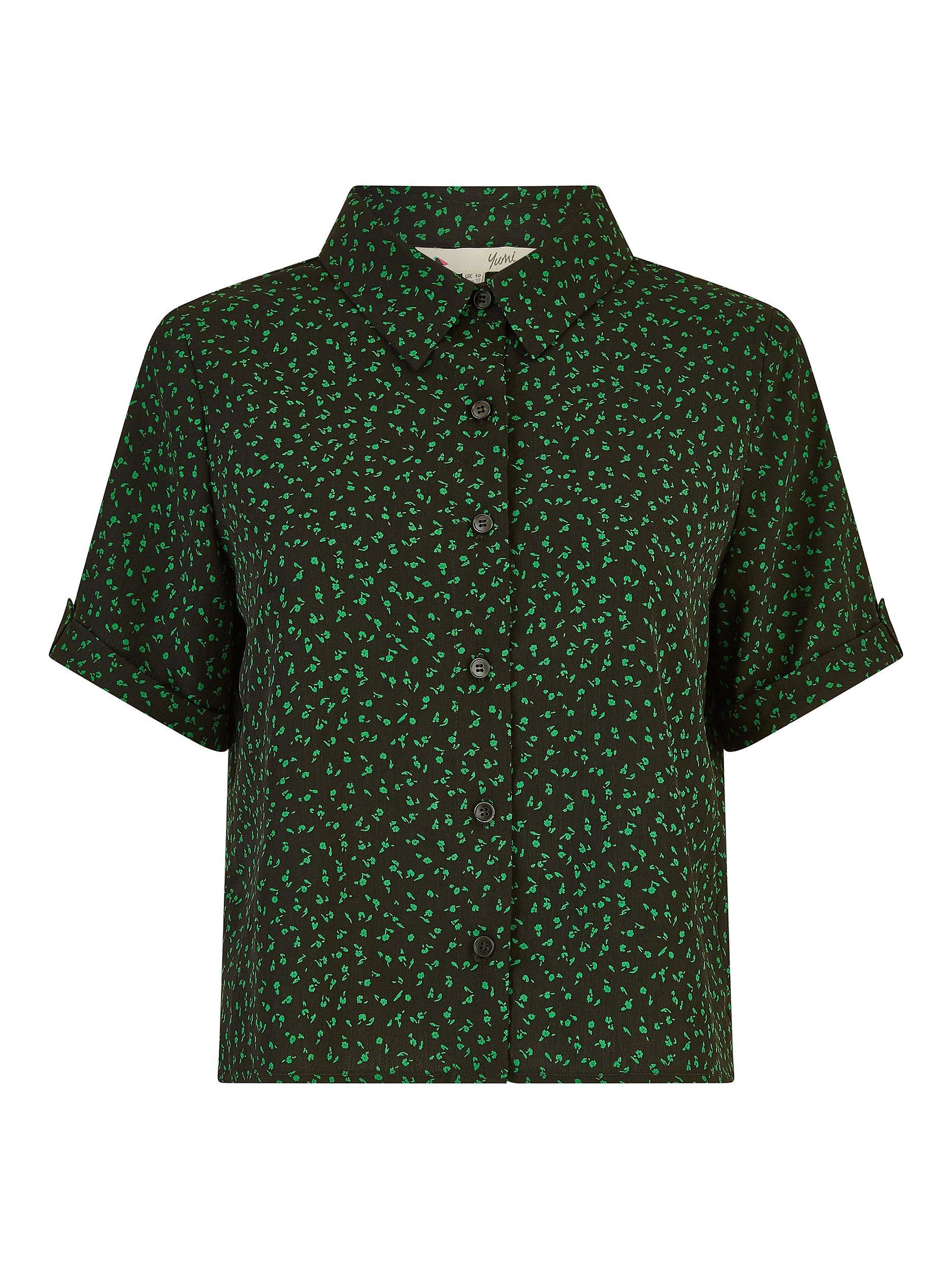 Product image 4 of 5, which shows Yumi Ditsy Print Relaxed Fit Shirt, Black/Green, 10