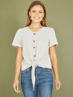 Yumi Stripe Jersey Tie Hem T-Shirt, Grey/White