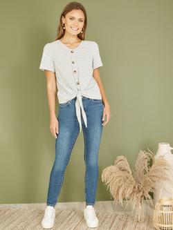 Yumi Stripe Jersey Tie Hem T-Shirt - view 2, Grey/White