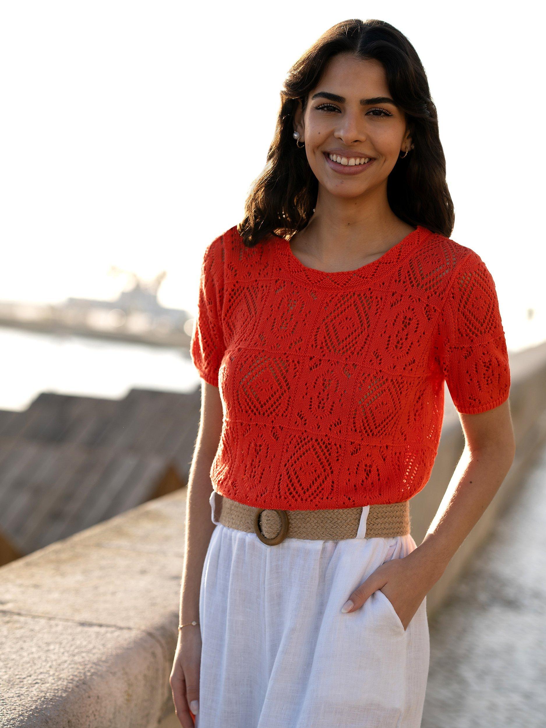 Yumi Crochet Knit Top, Orange, S