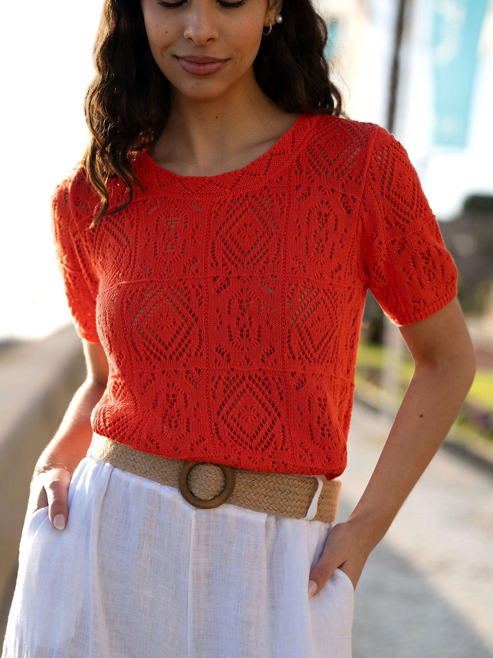 Yumi Crochet Knit Top, Orange, S