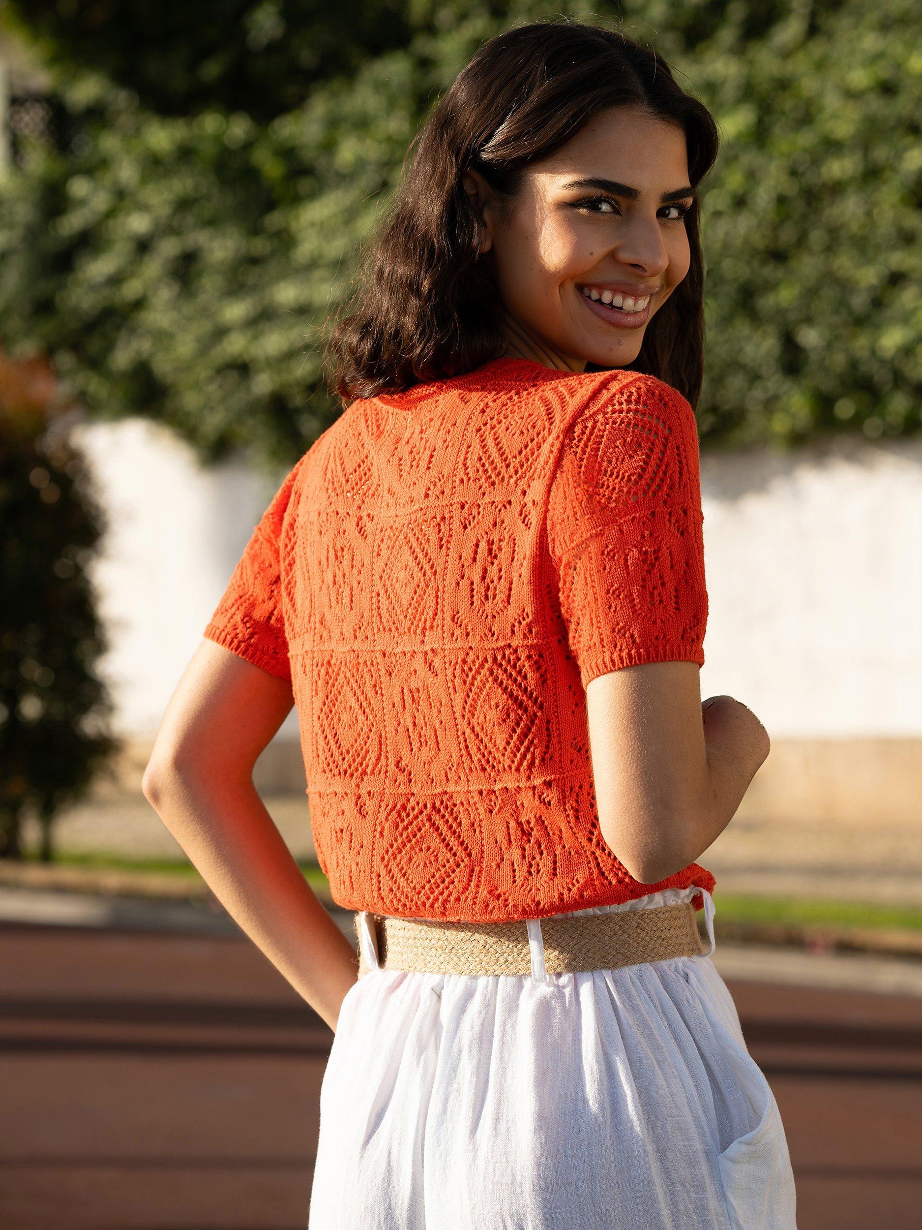 Yumi Crochet Knit Top, Orange, S