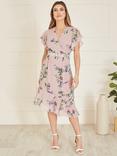 Yumi Floral Print Frill Detail Wrap Midi Dress, Blush/Multi