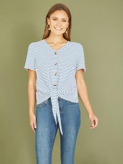 Yumi Stripe Jersey Tie Hem T-Shirt, Blue/White