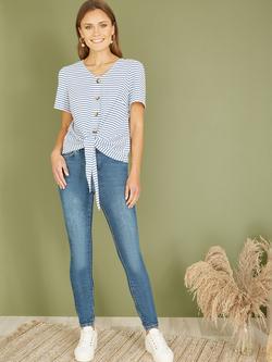 Yumi Stripe Jersey Tie Hem T-Shirt - view 2, Blue/White