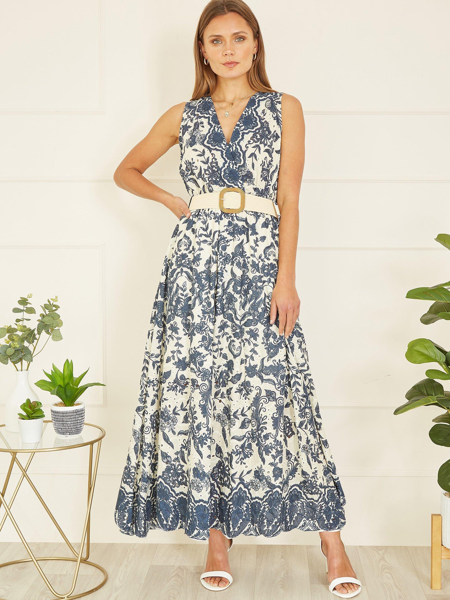 Product image 1 of 5, which shows Yumi Cotton Floral Border Midi Dress, Navy, S