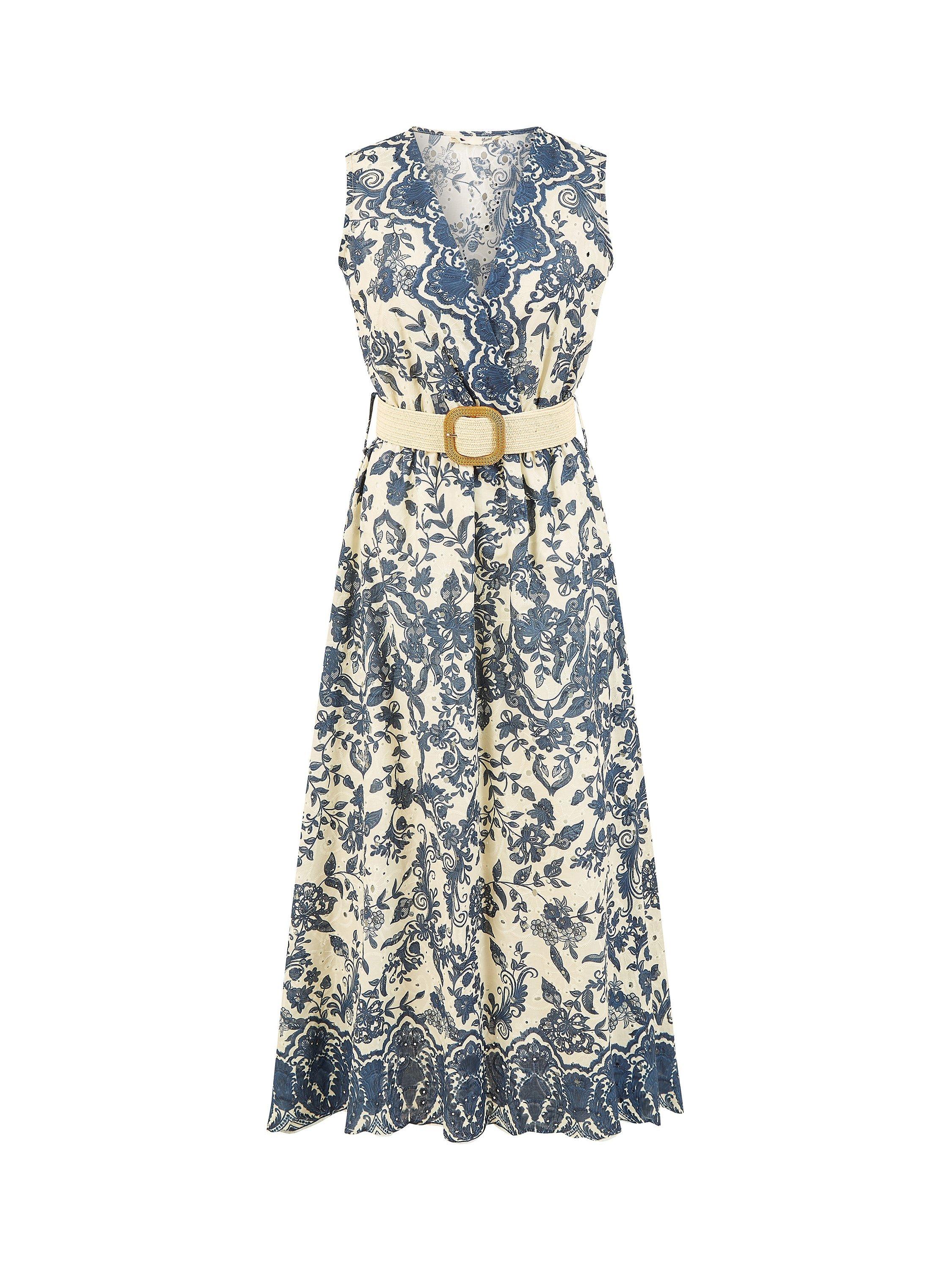 Product image 5 of 5, which shows Yumi Cotton Floral Border Midi Dress, Navy, S