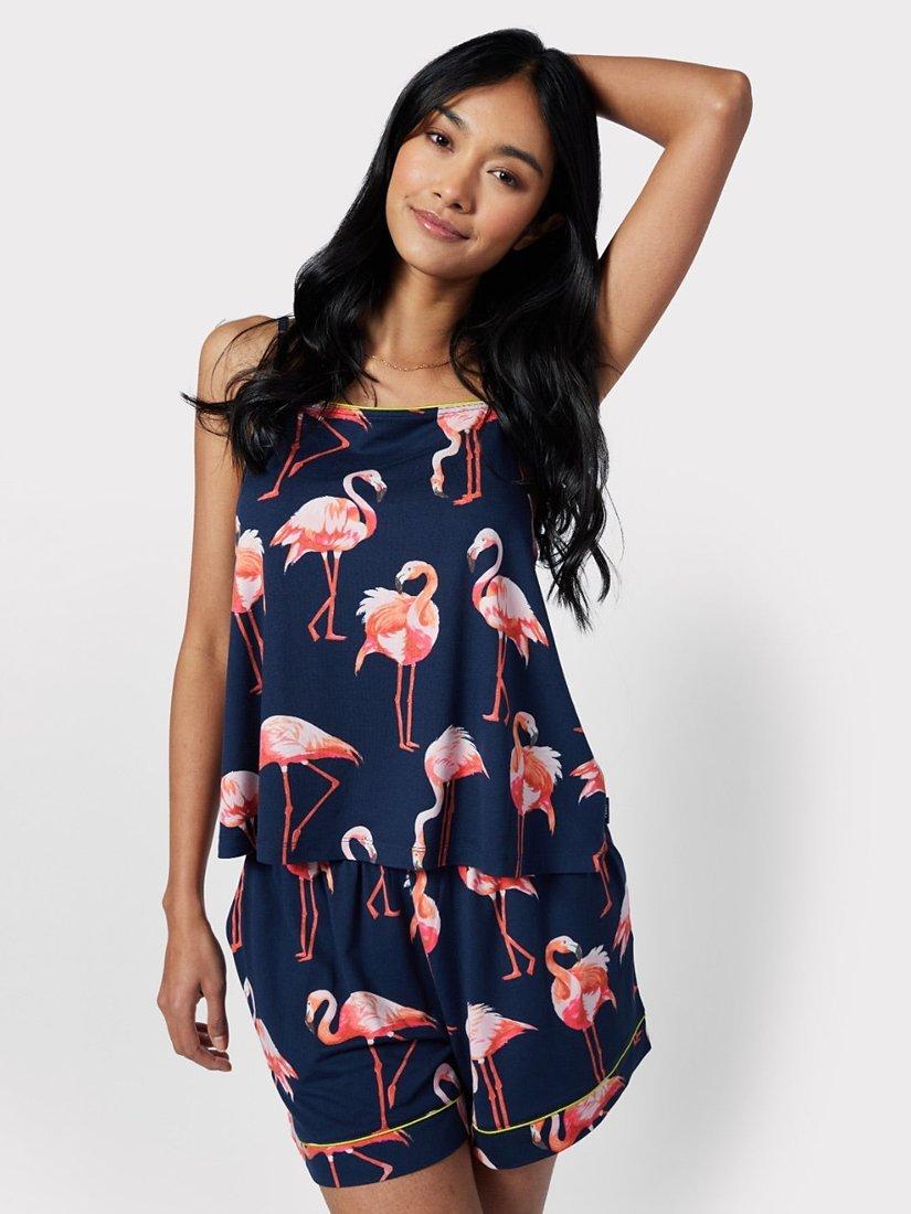 Chelsea Peers Flamingo Print Cami & Short Jersey Pyjamas, Navy/Multi