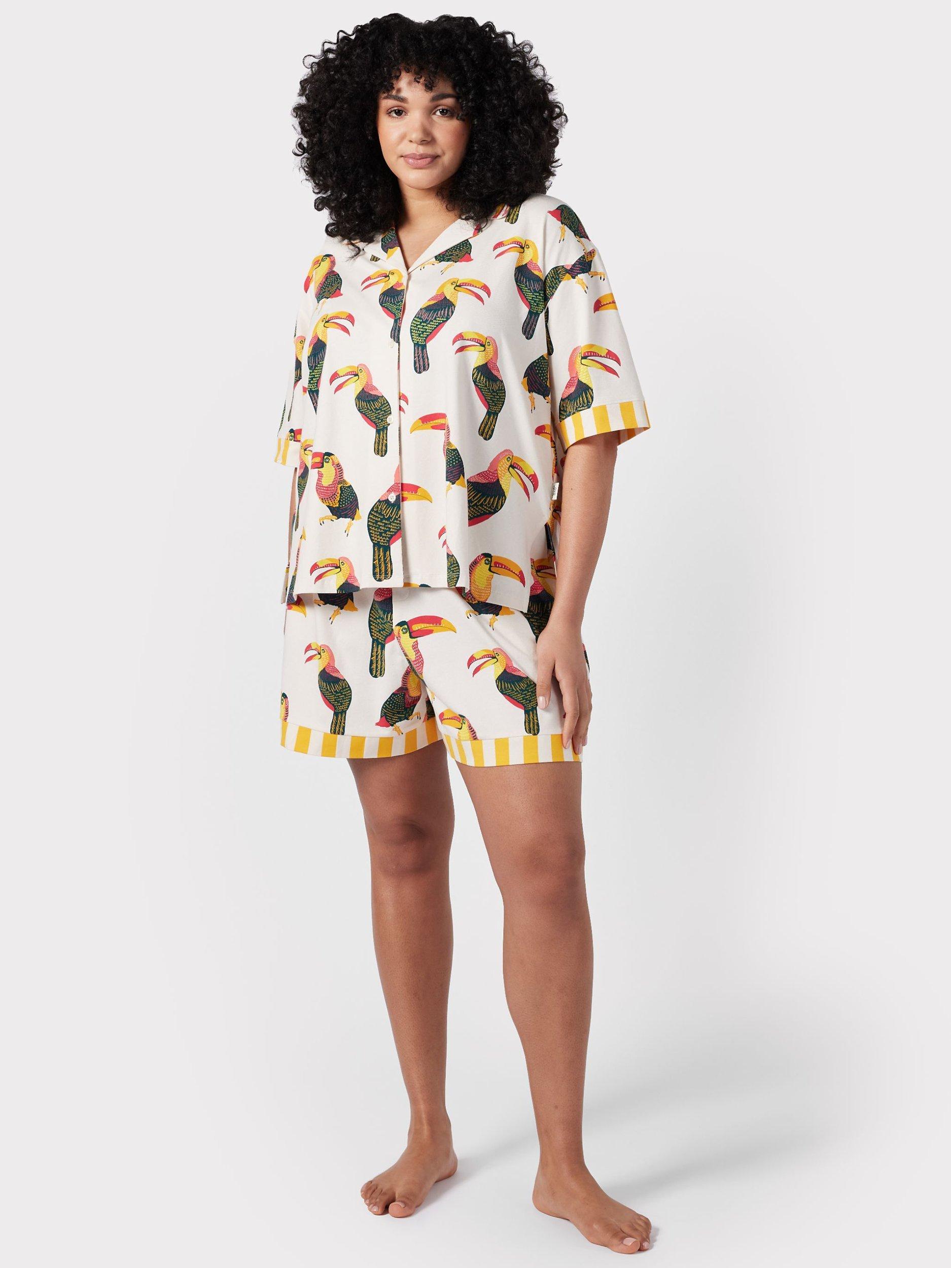 Chelsea Peers Curve Organic Cotton Blend Toucan Button Up Short Pyjama Set, Off White/Multi