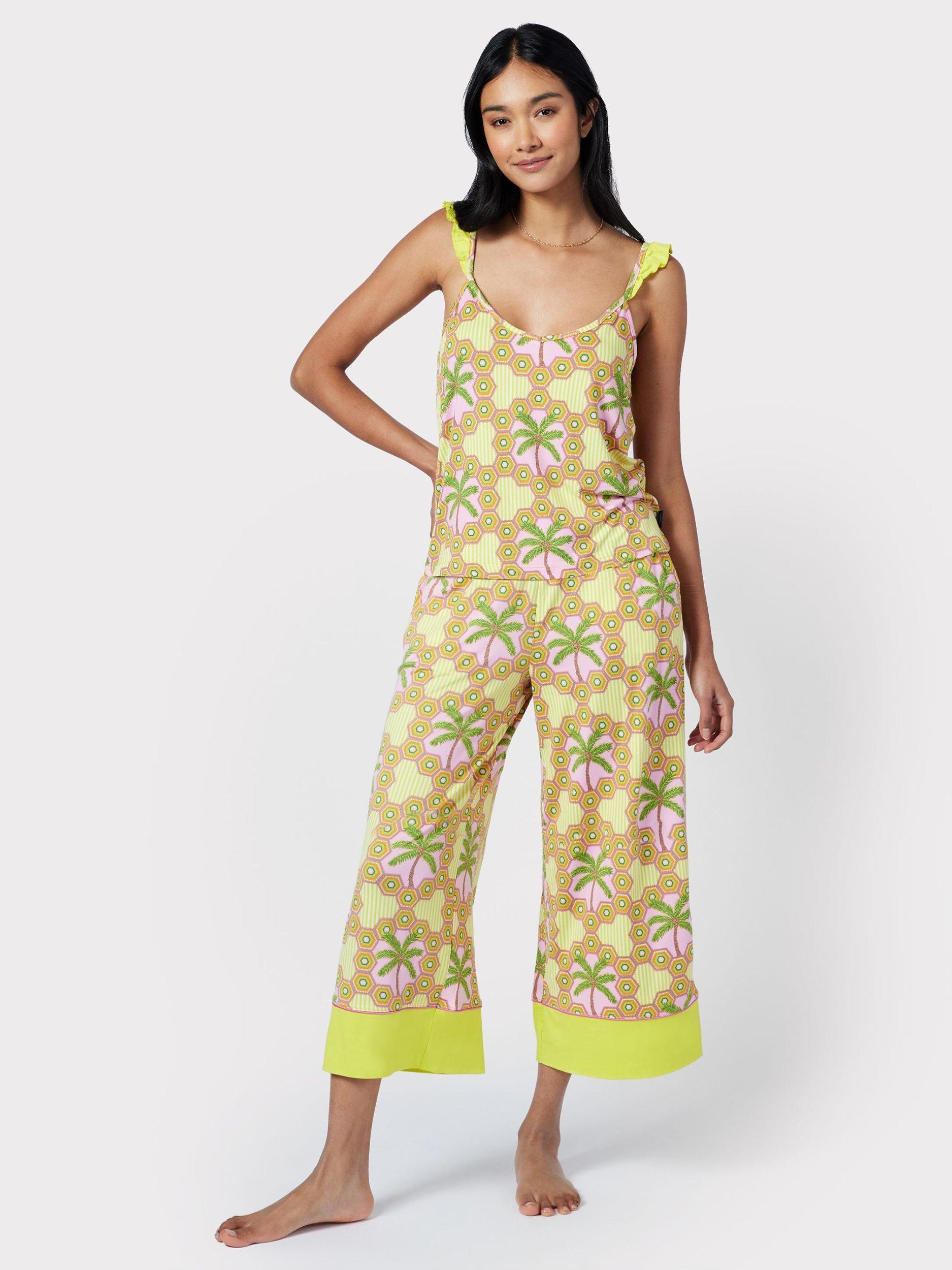 Chelsea Peers Geometric Palm Print Cami Cropped PJ Set, Green
