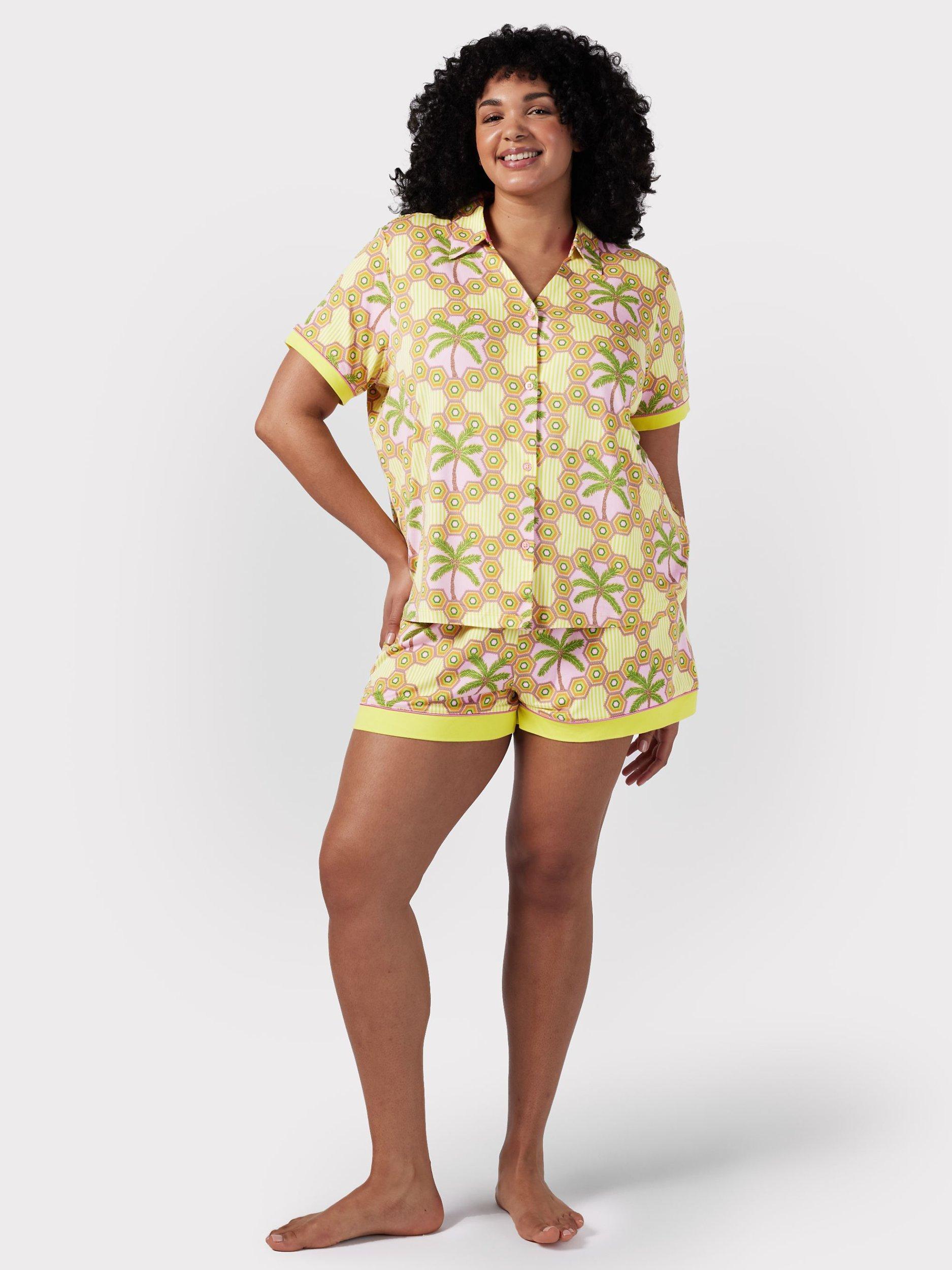 Chelsea Peers Curve Geometric Palm Print Short Pyjamas, Green/Multi