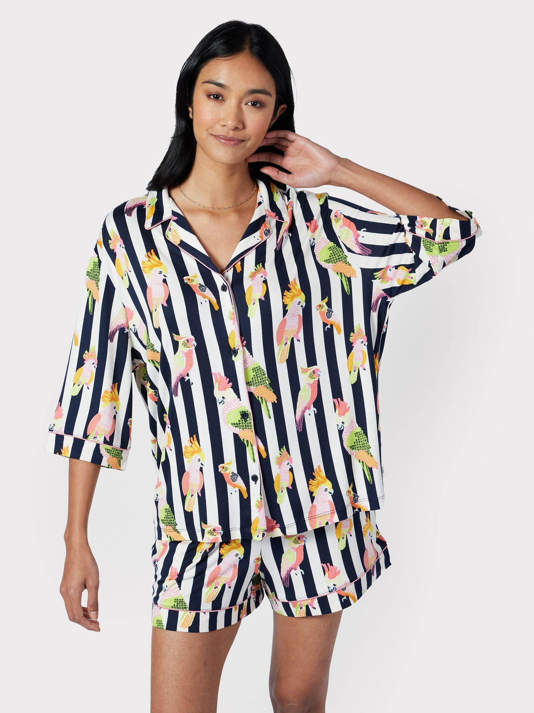 Chelsea Peers Cockatiel Stripe Button Up Short Pyjama Set, Navy/Multi