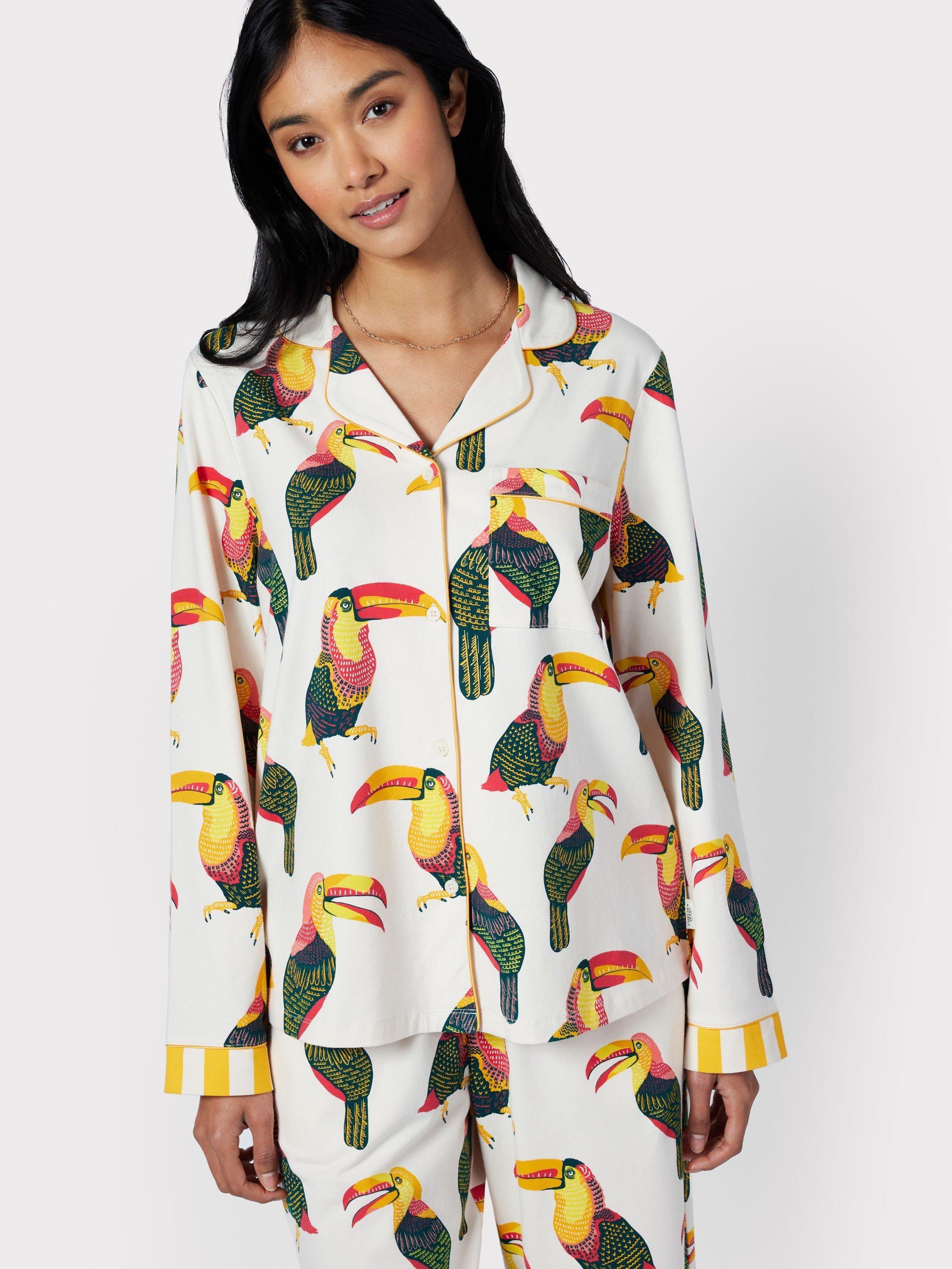 Chelsea Peers Organic Cotton Blend Toucan Long Pyjama Set, Off White/Multi