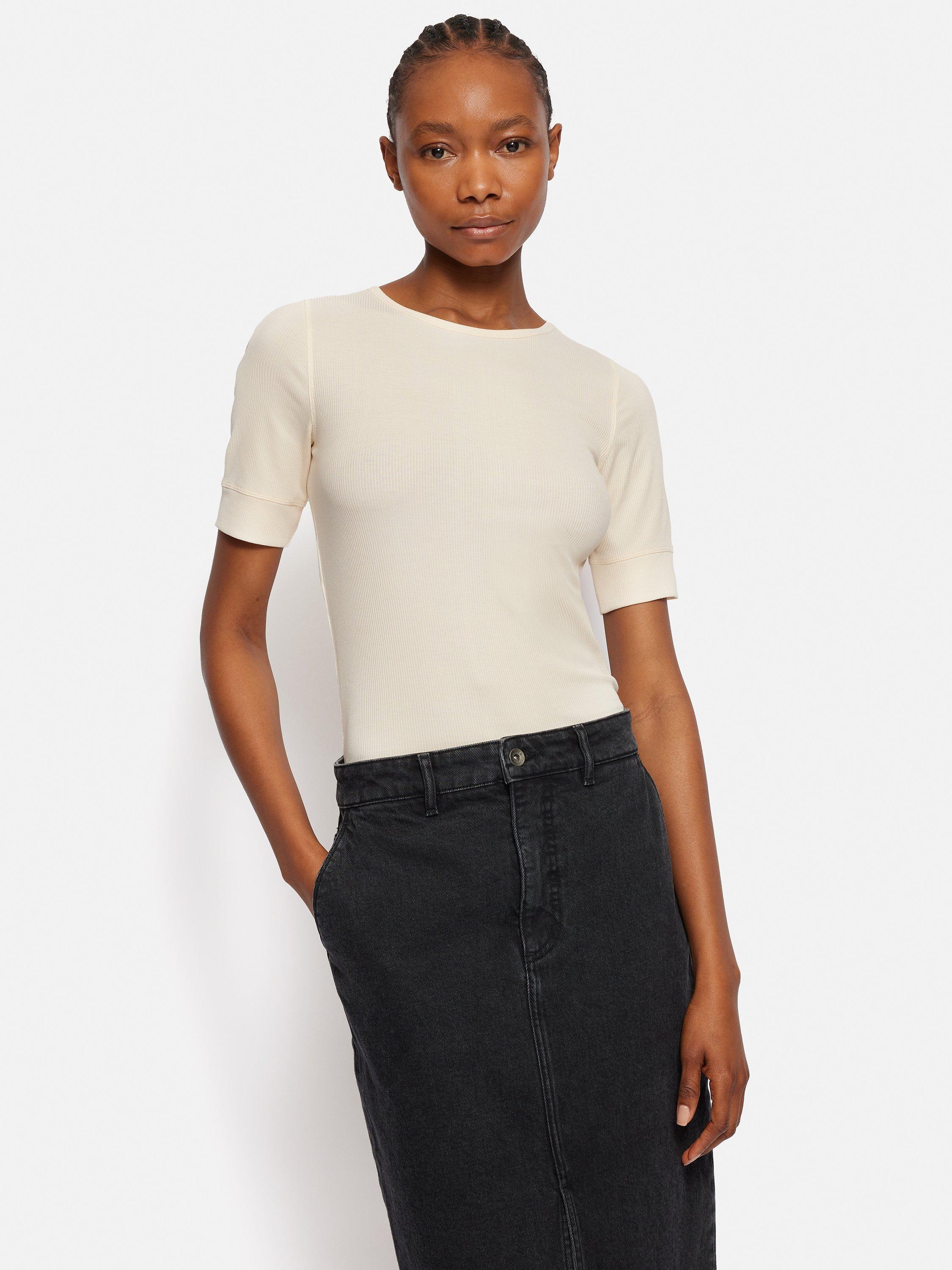 Jigsaw Bovey Crew Neck Ribbed Top, Cream