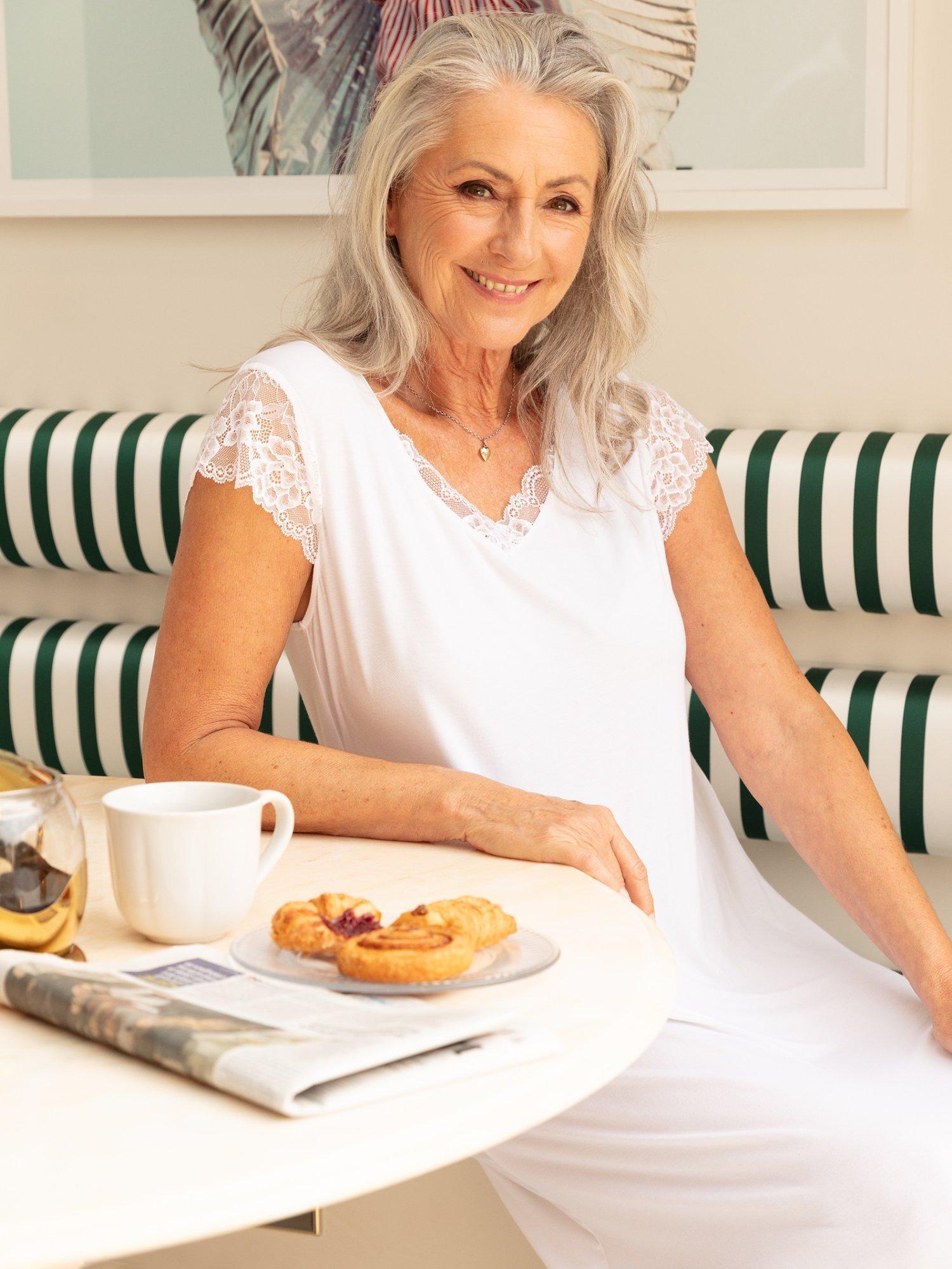 Product image 1 of 4, which shows Cyberjammies Tessa Jersey Lace Detail Maxi Nightdress, White, 12