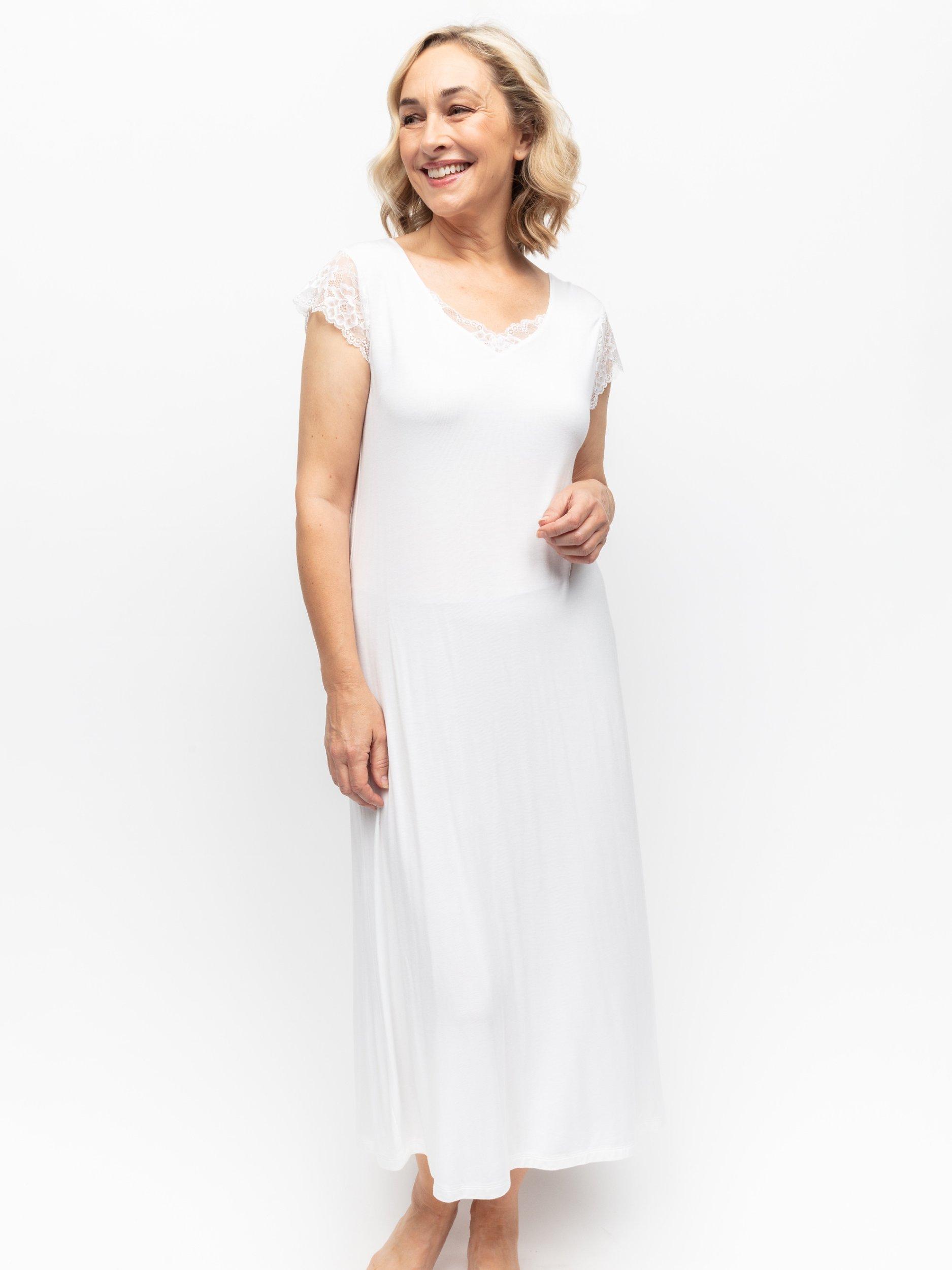 Product image 2 of 4, which shows Cyberjammies Tessa Jersey Lace Detail Maxi Nightdress, White, 12