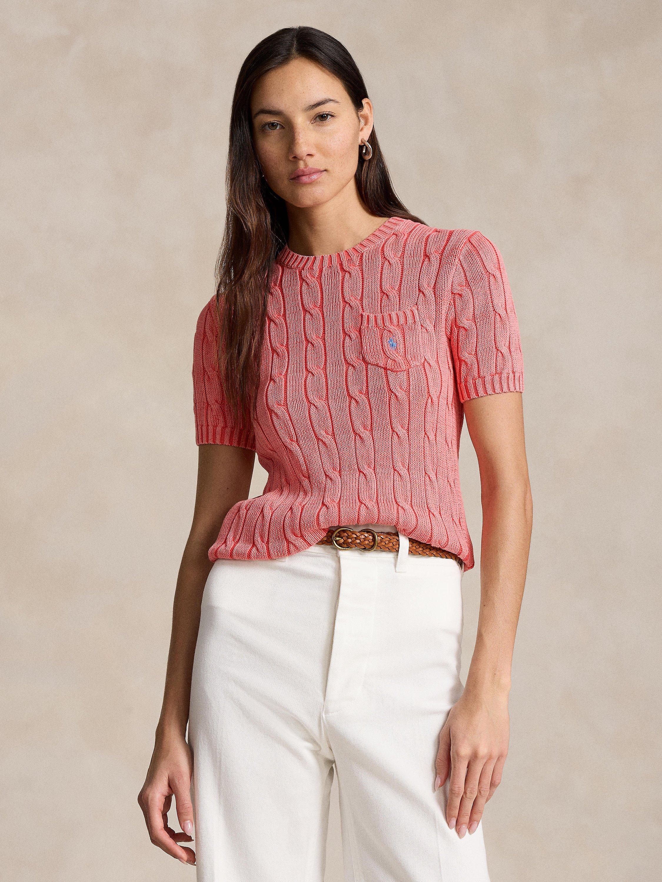 Polo Ralph Lauren Cable Knit Short Sleeve Jumper, Cotton Rose