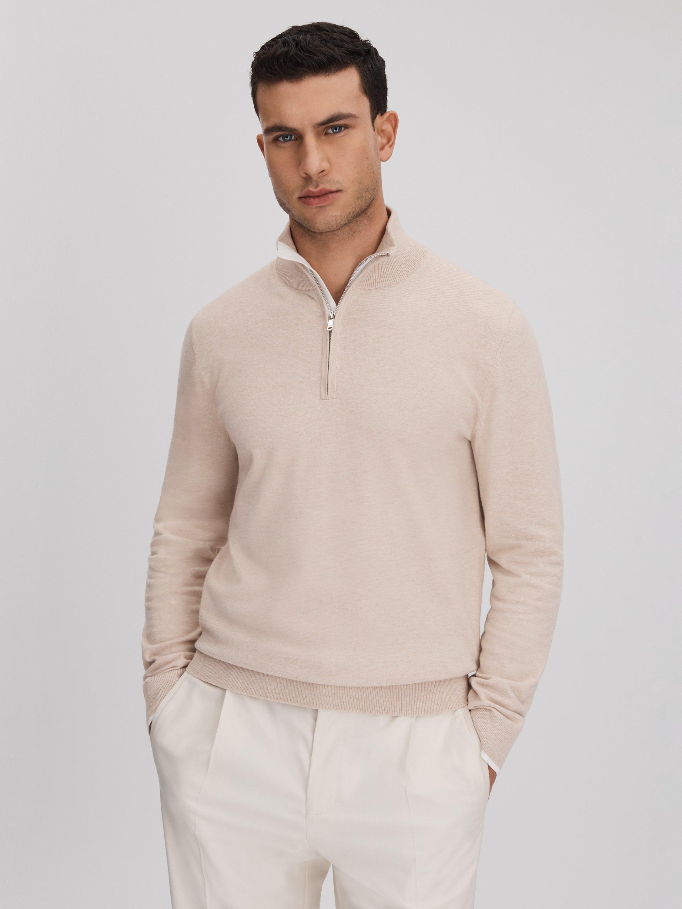 Reiss Swinley Fine Knit Zip Neck Jumper, Camel