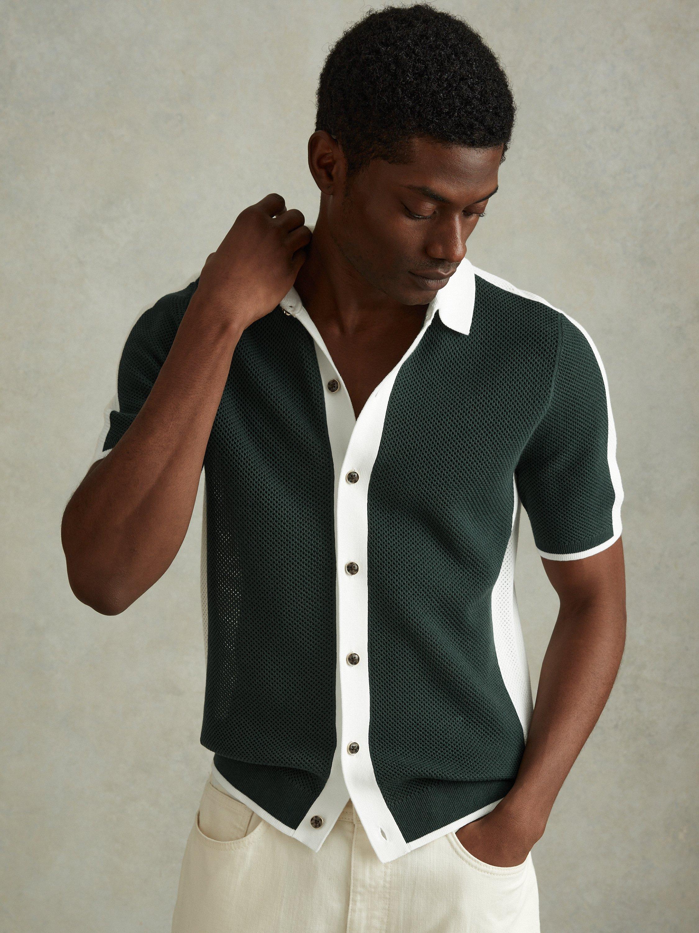 Reiss Misto Textured Colour Block Shirt, Green/Optic White