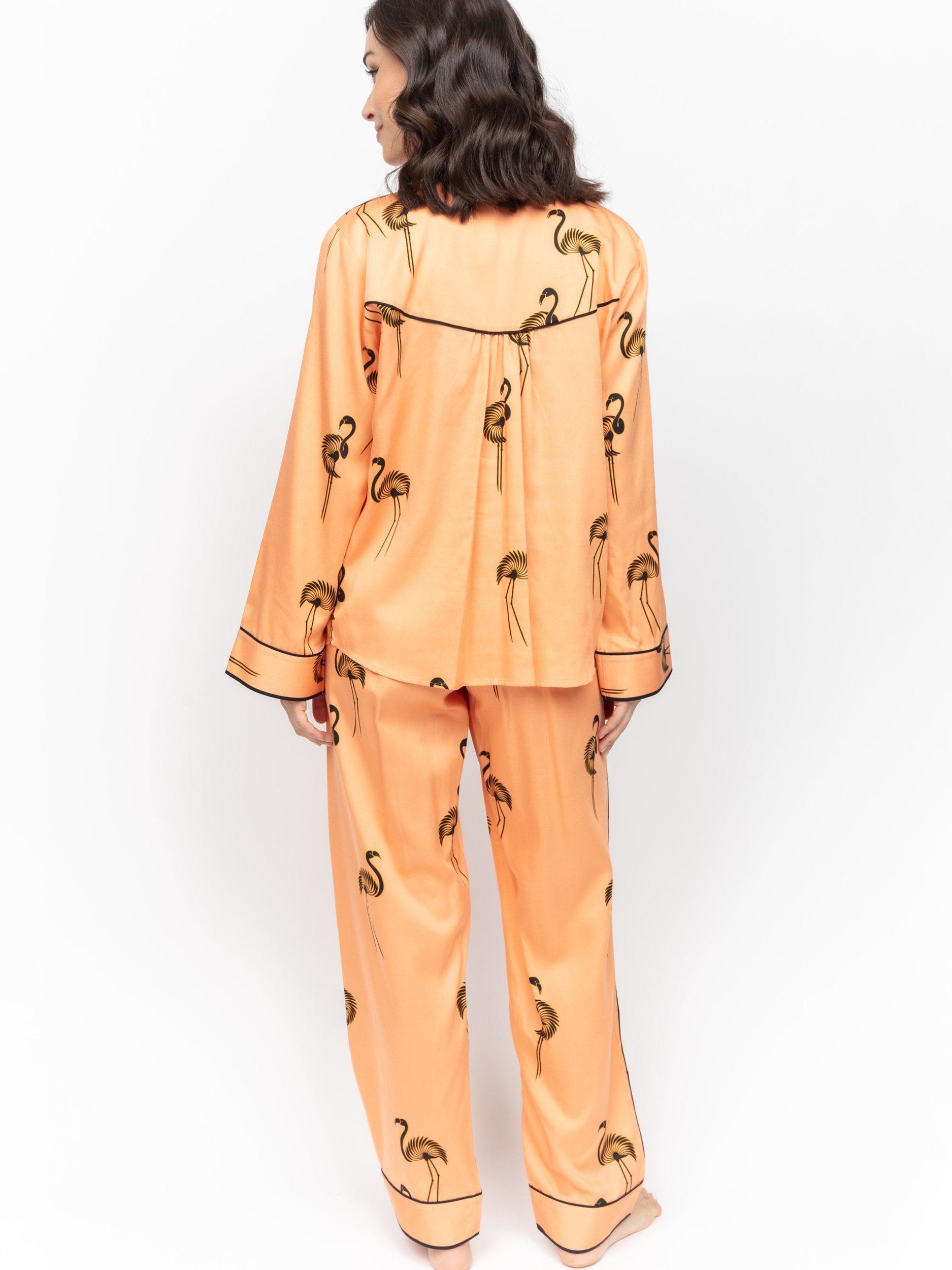 Product image 2 of 3, which shows Fable & Eve Hackney Flamingo Pyjama Set, Salmon Pink/Black, 8