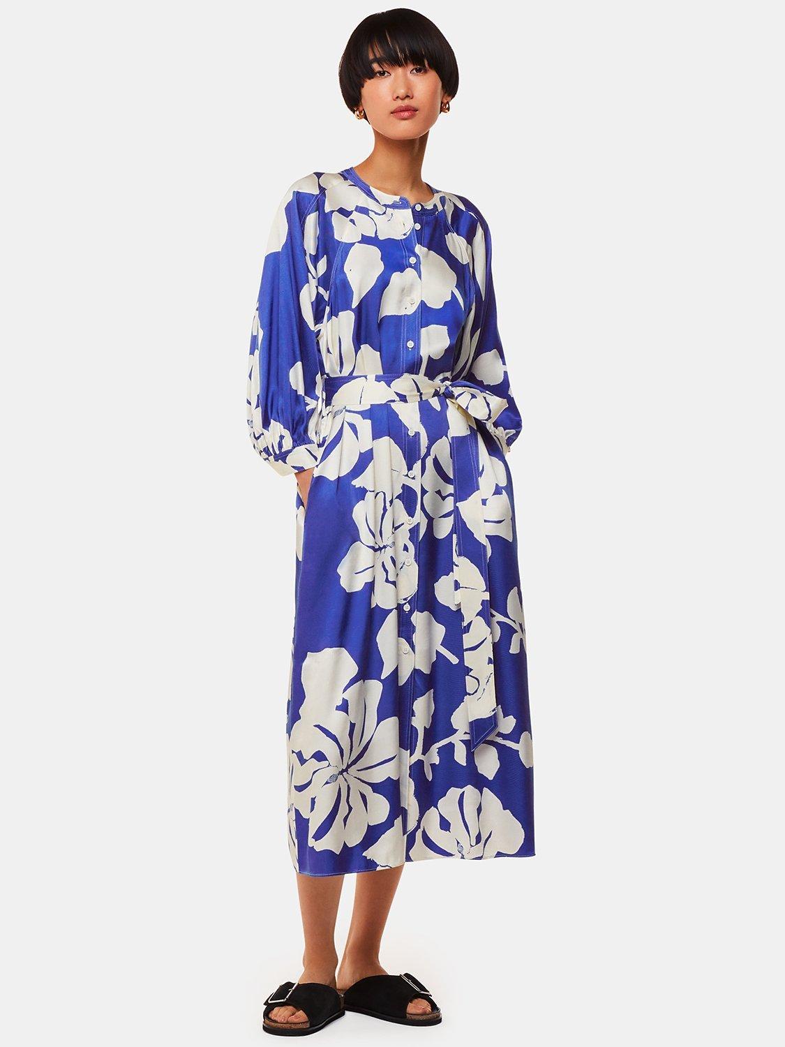 Product image 3 of 5, which shows Whistles Mabel Hawaiian Print Satin Midi Shirt Dress, Blue/Multi, 10
