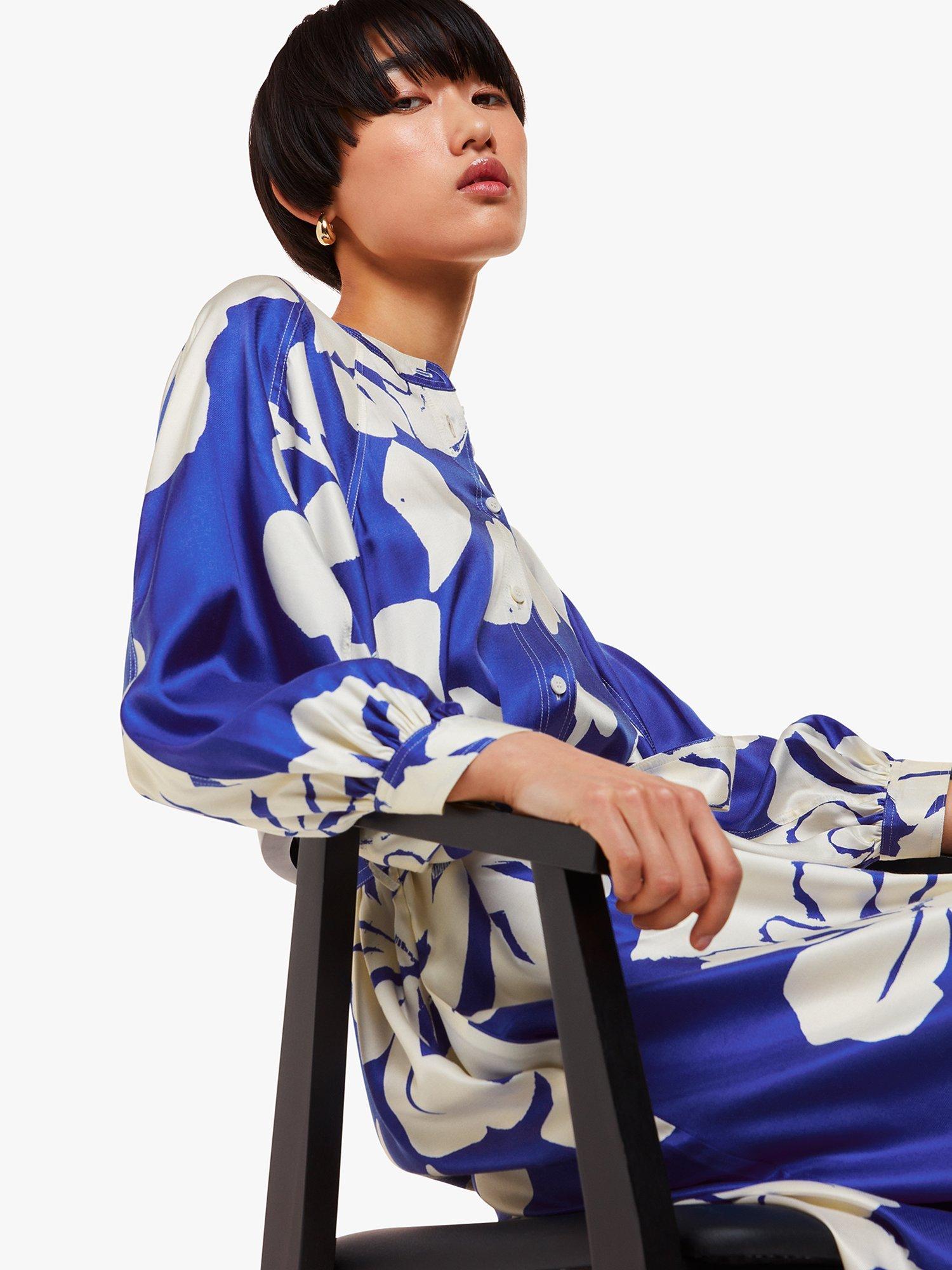 Product image 4 of 5, which shows Whistles Mabel Hawaiian Print Satin Midi Shirt Dress, Blue/Multi, 10